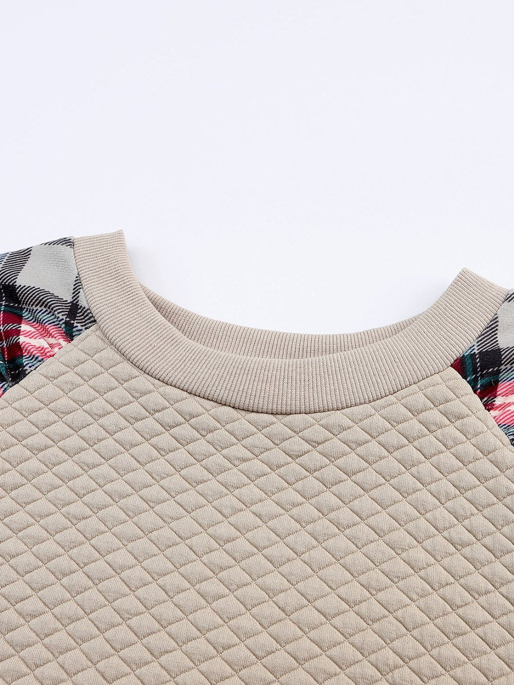 Textured Knit Top with Plaid Sleeves
