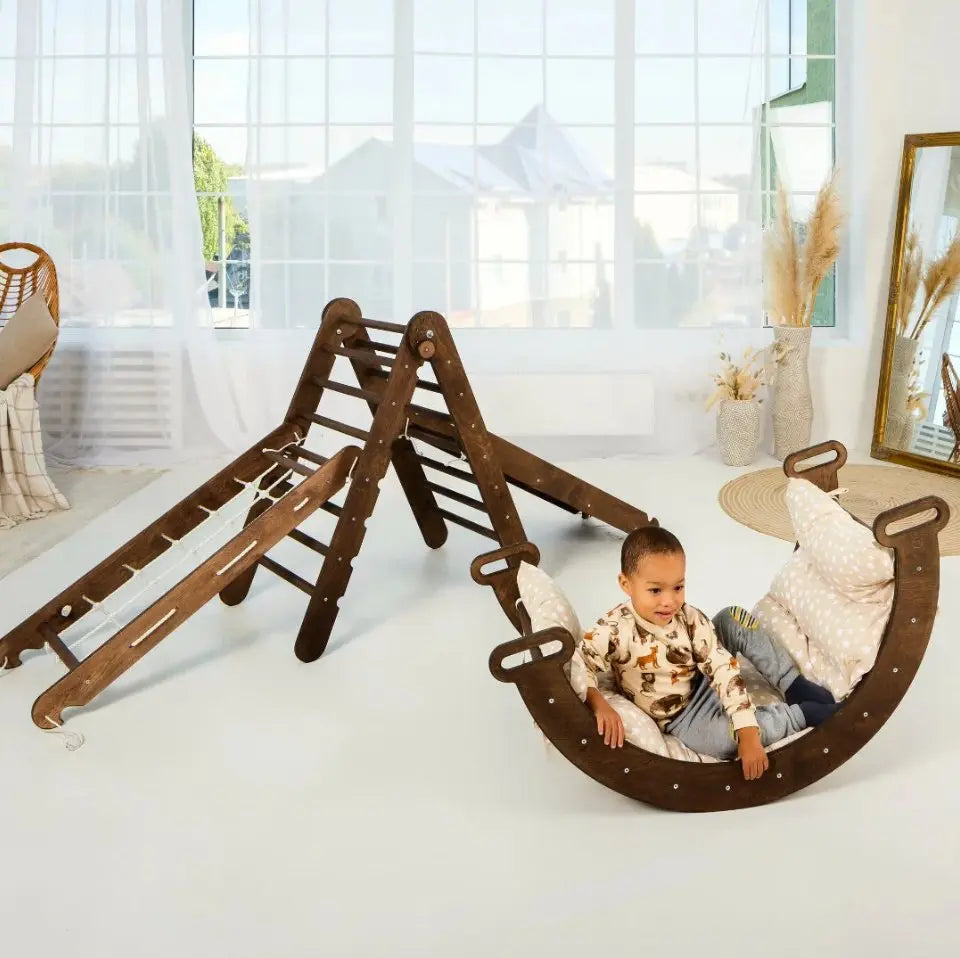 5 in 1 Montessori Climbing Set: Triangle Ladder + Arch/Rocker + Slide Board/Ramp + Netting rope + Cushion