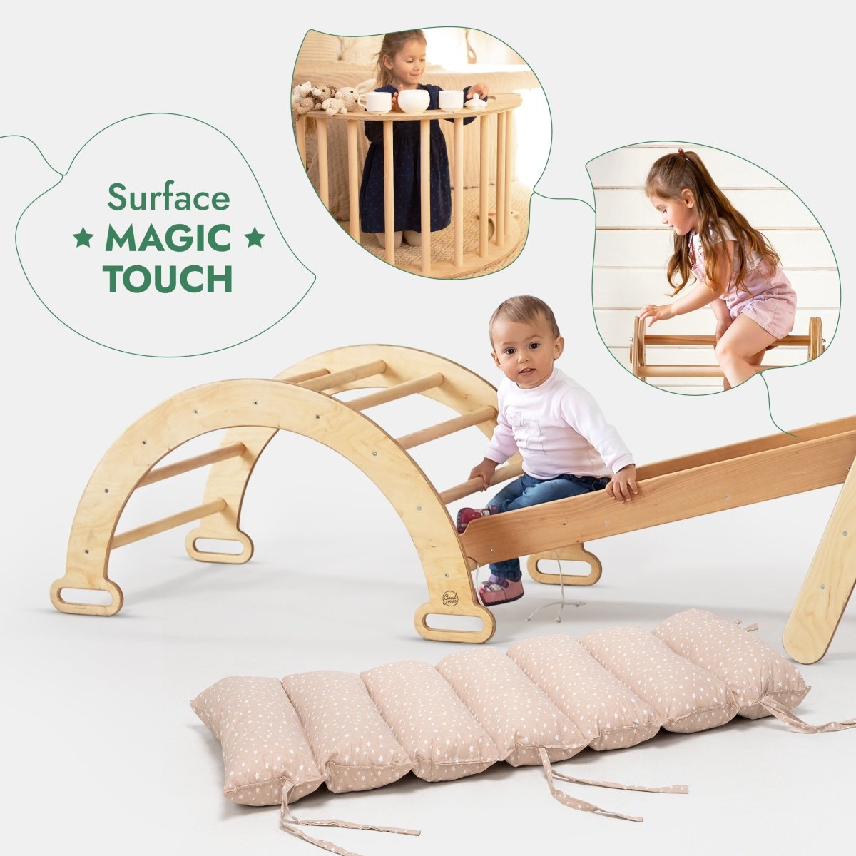 5 in 1 Montessori Climbing Set: Triangle Ladder + Arch/Rocker + Slide Board/Ramp + Netting rope + Cushion