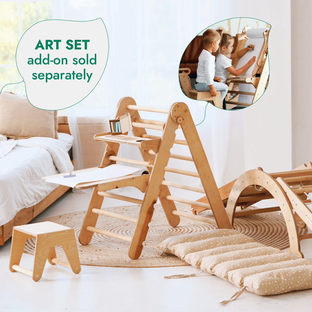 5 in 1 Montessori Climbing Set: Triangle Ladder + Arch/Rocker + Slide Board/Ramp + Netting rope + Cushion