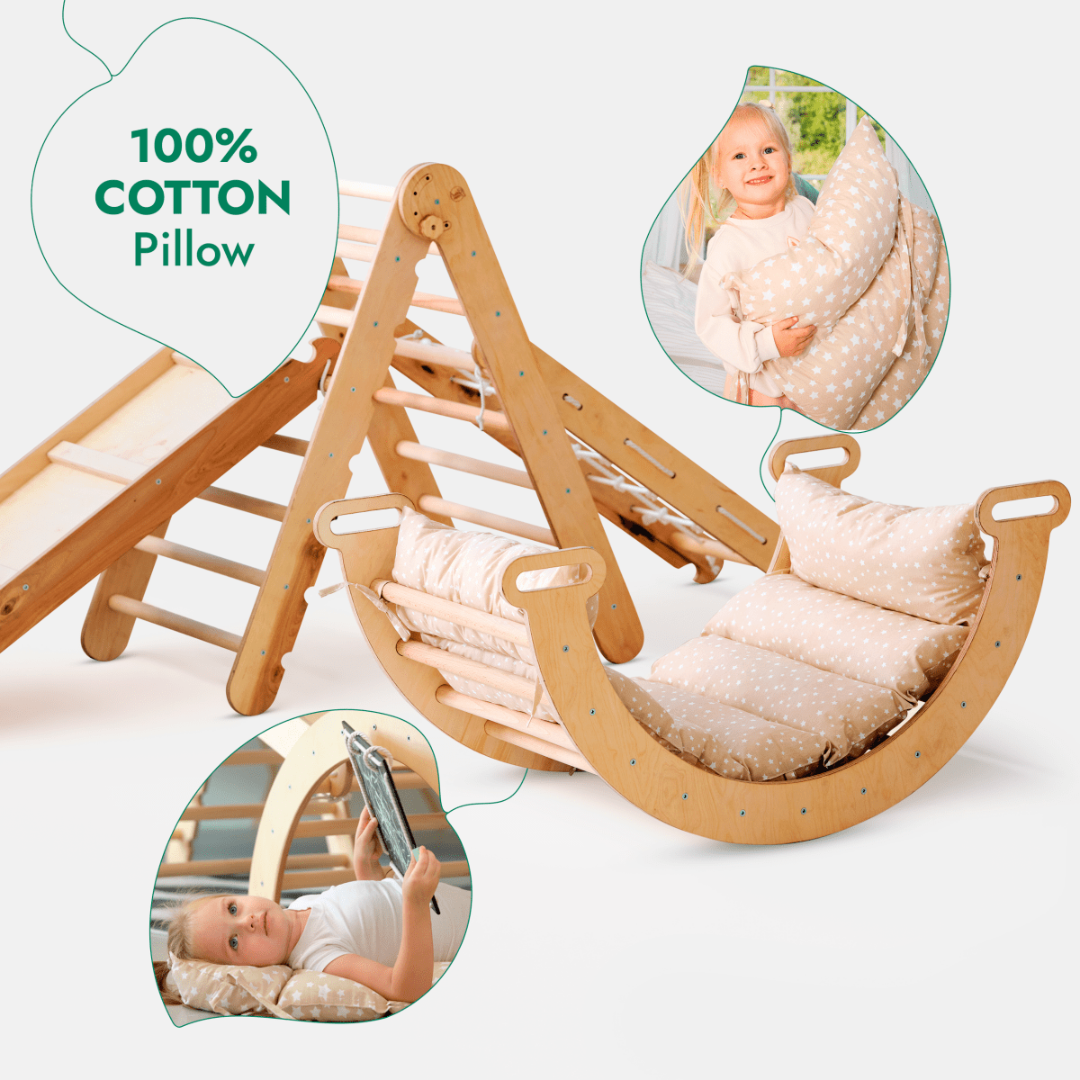 5 in 1 Montessori Climbing Set: Triangle Ladder + Arch/Rocker + Slide Board/Ramp + Netting rope + Cushion