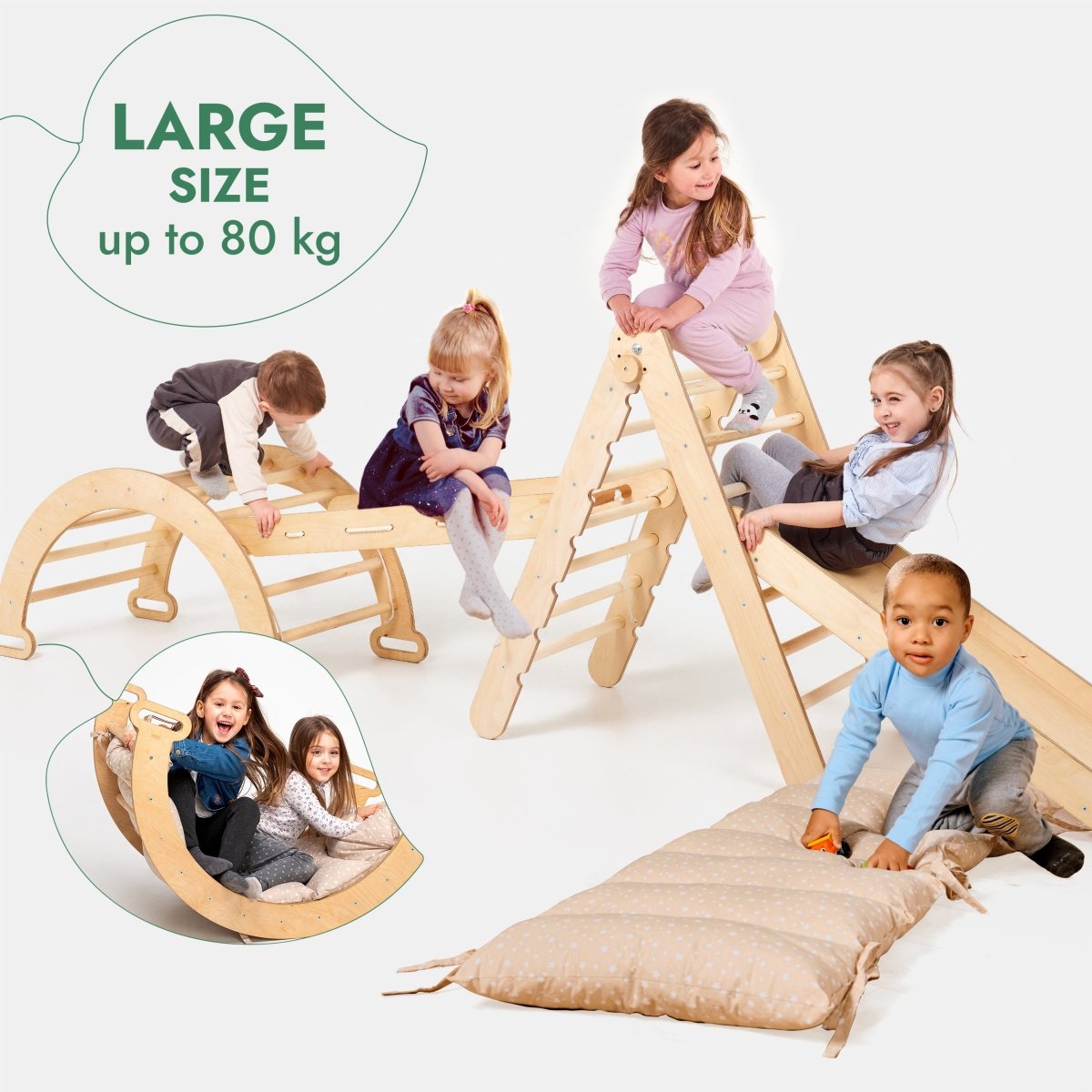 5 in 1 Montessori Climbing Set: Triangle Ladder + Arch/Rocker + Slide Board/Ramp + Netting rope + Cushion
