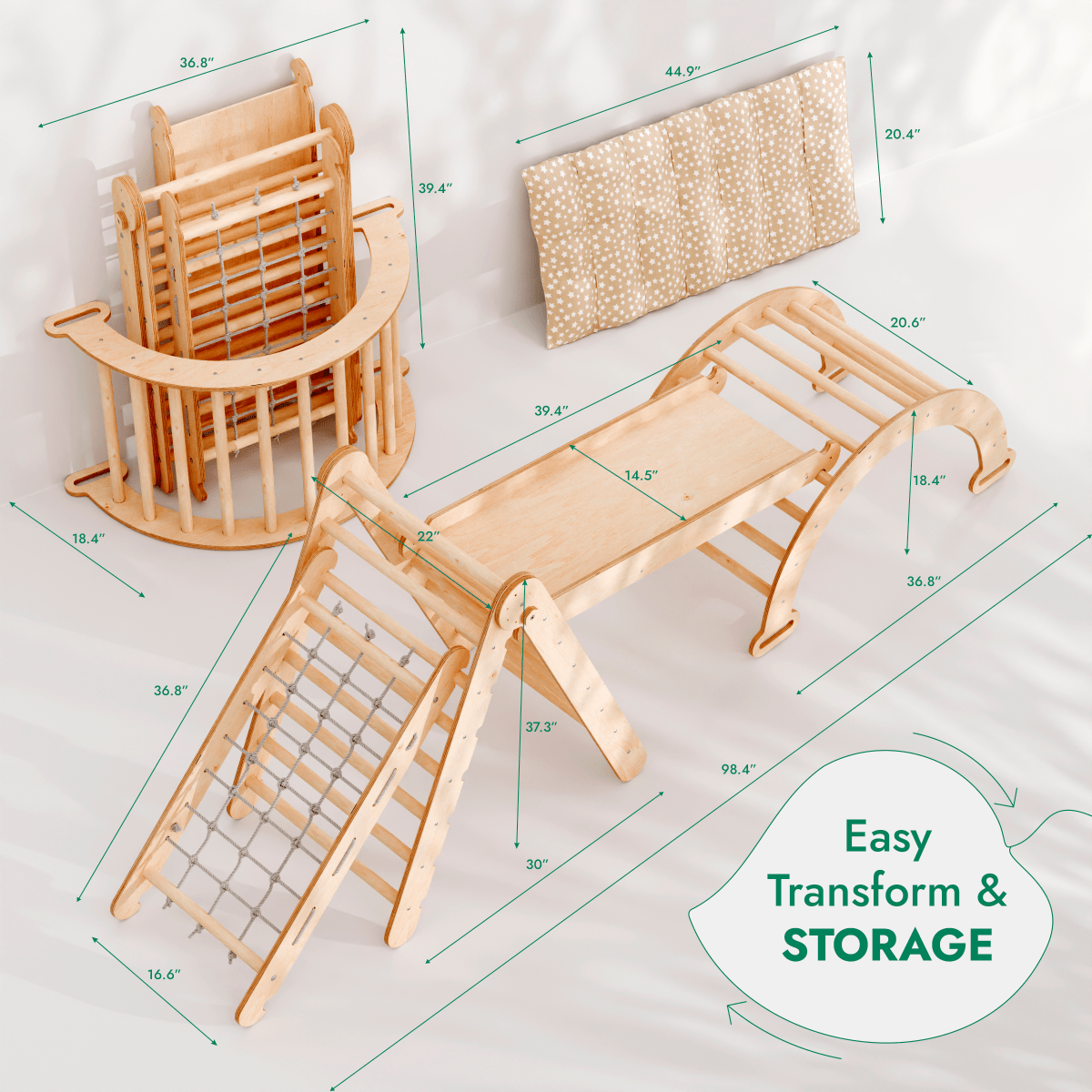 5 in 1 Montessori Climbing Set: Triangle Ladder + Arch/Rocker + Slide Board/Ramp + Netting rope + Cushion