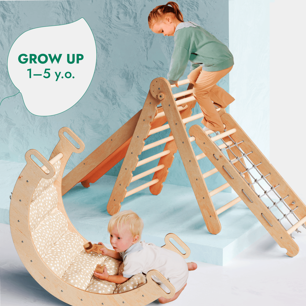 5 in 1 Montessori Climbing Set: Triangle Ladder + Arch/Rocker + Slide Board/Ramp + Netting rope + Cushion