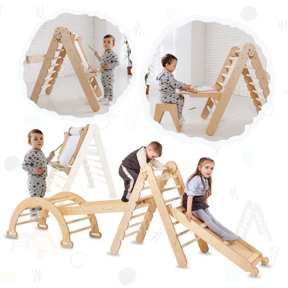 5 in 1 Montessori Climbing Set: Triangle Ladder + Climbing Arch + Slide Board + Climbing Net + Art Addition