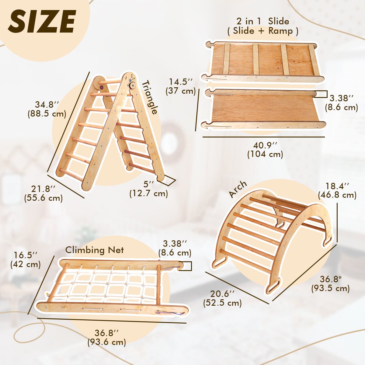 5 in 1 Montessori Climbing Set: Triangle Ladder + Climbing Arch + Slide Board + Climbing Net + Art Addition