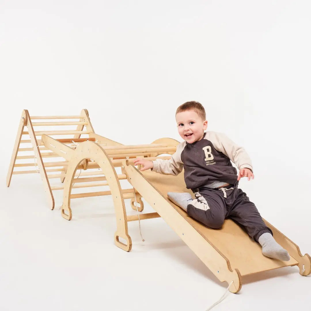 5 in 1 Montessori Climbing Set: Triangle Ladder + Climbing Arch + Slide Board + Climbing Net + Art Addition