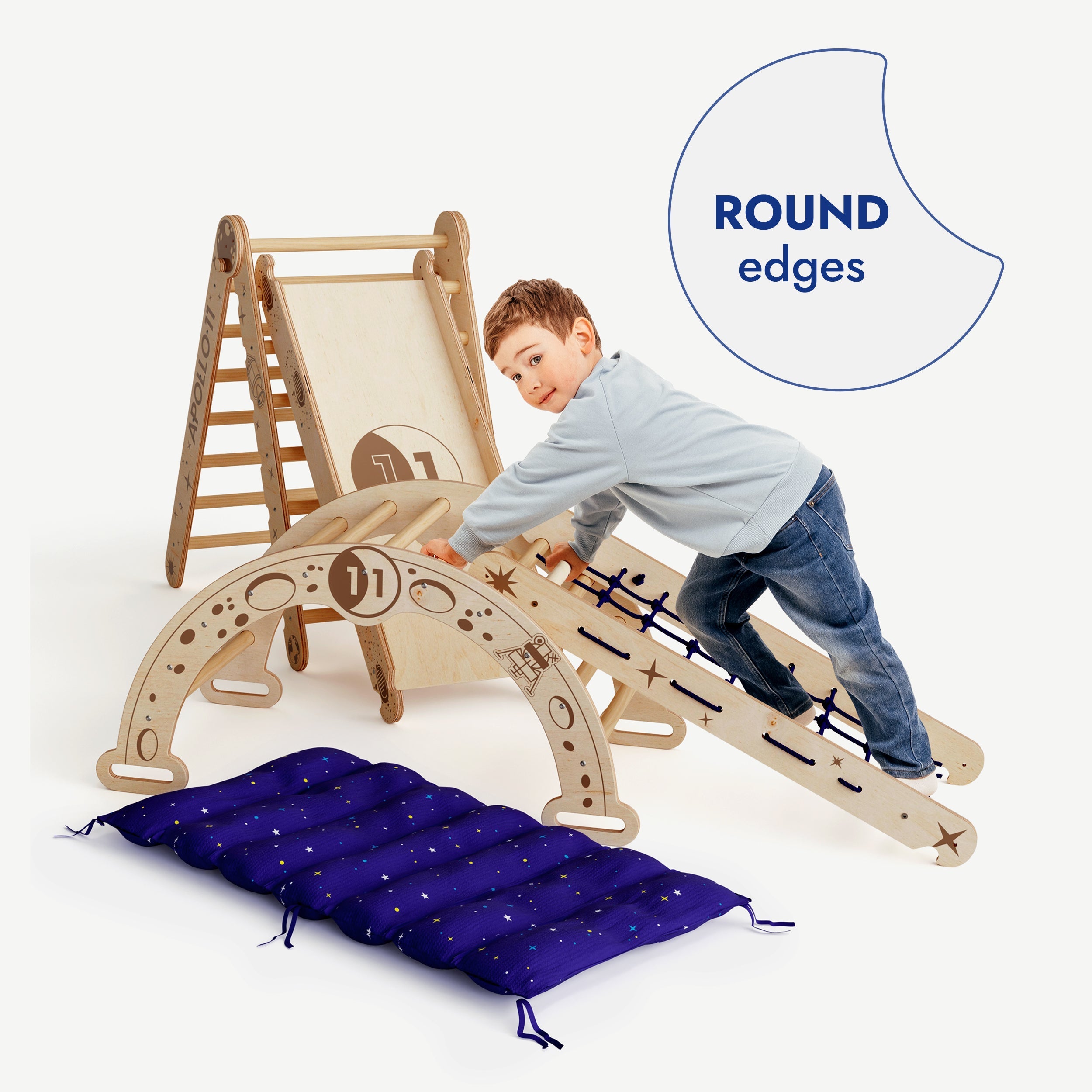 Apollo 5 in 1 Climbing Set:  Pikler Triangle, Net, Arch, Slide Board, and Cushion for Little Astronauts