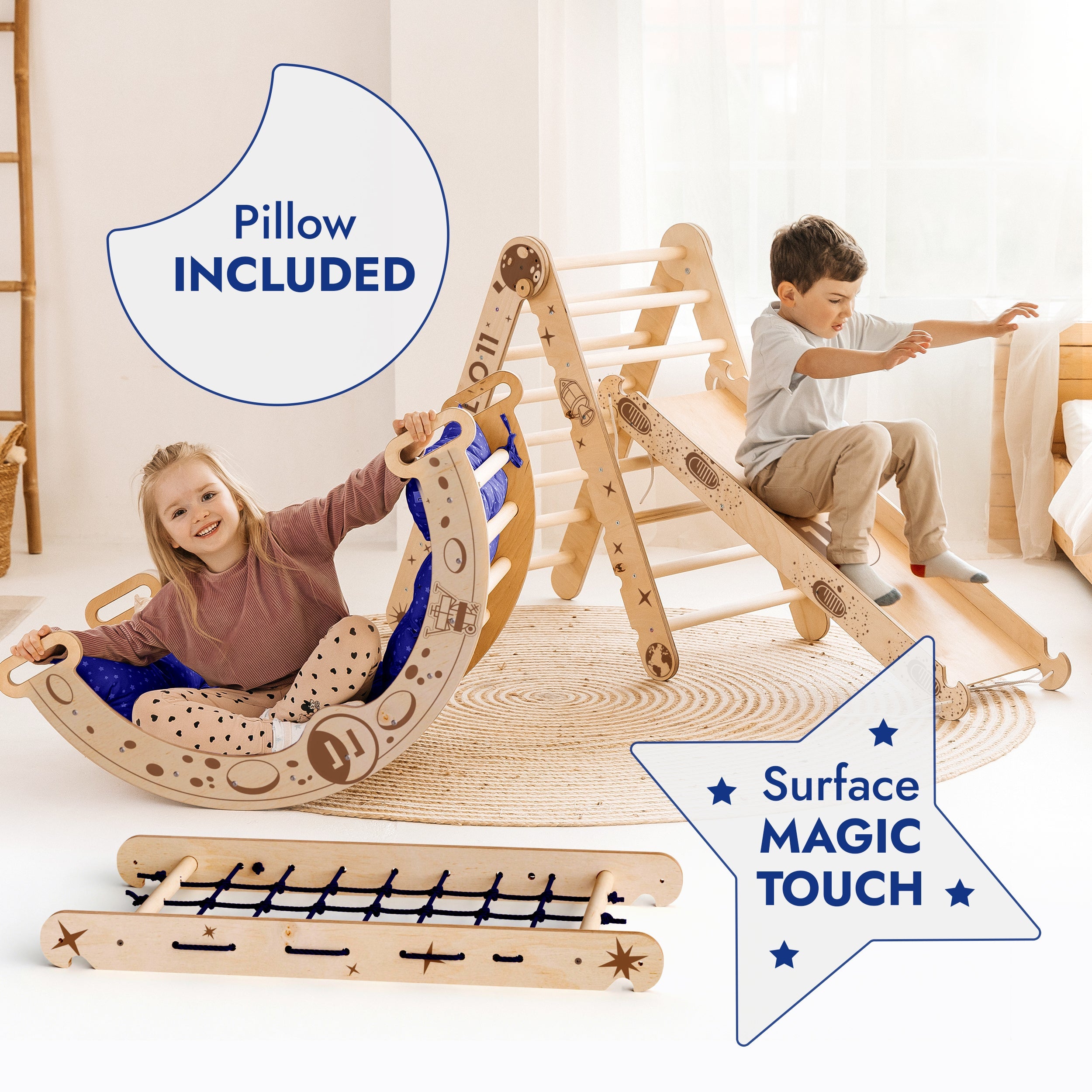 Apollo 5 in 1 Climbing Set:  Pikler Triangle, Net, Arch, Slide Board, and Cushion for Little Astronauts