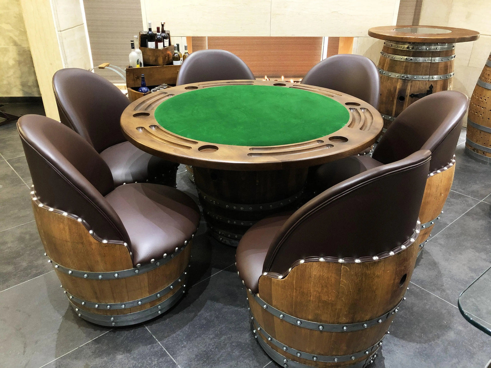 Juego de póker de barril de vino con tablero extraíble - Mesa de juego y silla de barril - Mesa de barril de vino para comer y póker