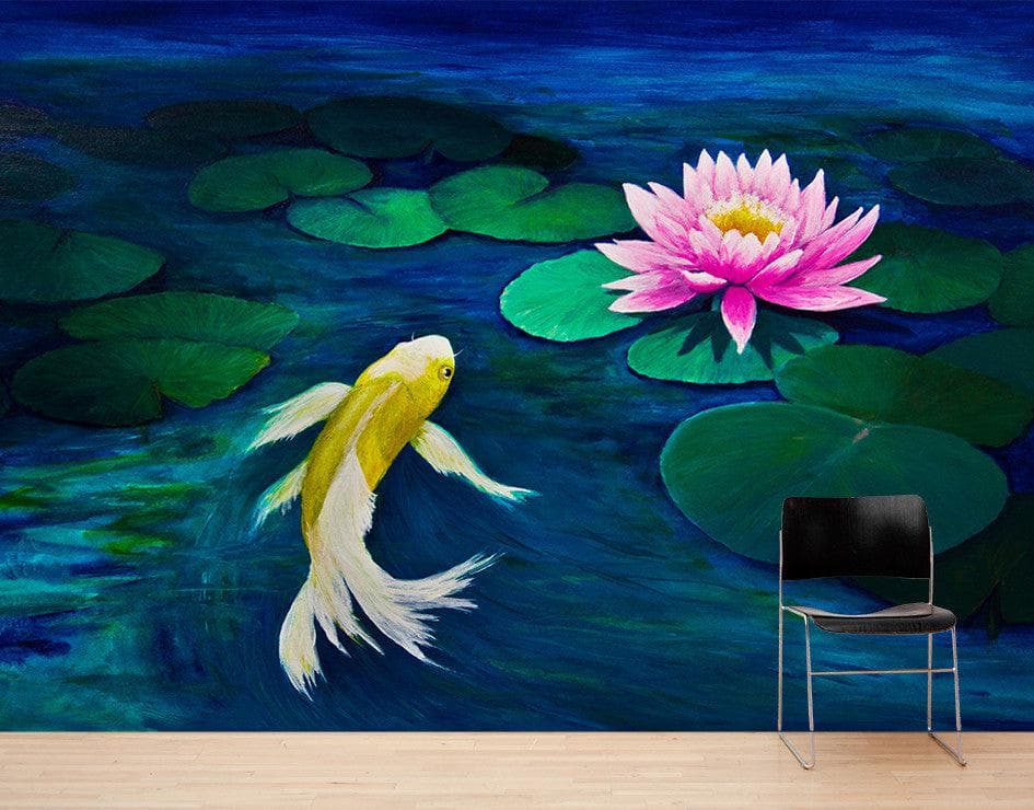 Mural de pared con pintura de pez koi y nenúfar rosa. N.º 6000