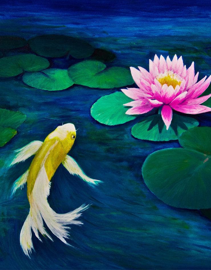 Mural de pared con pintura de pez koi y nenúfar rosa. N.º 6000