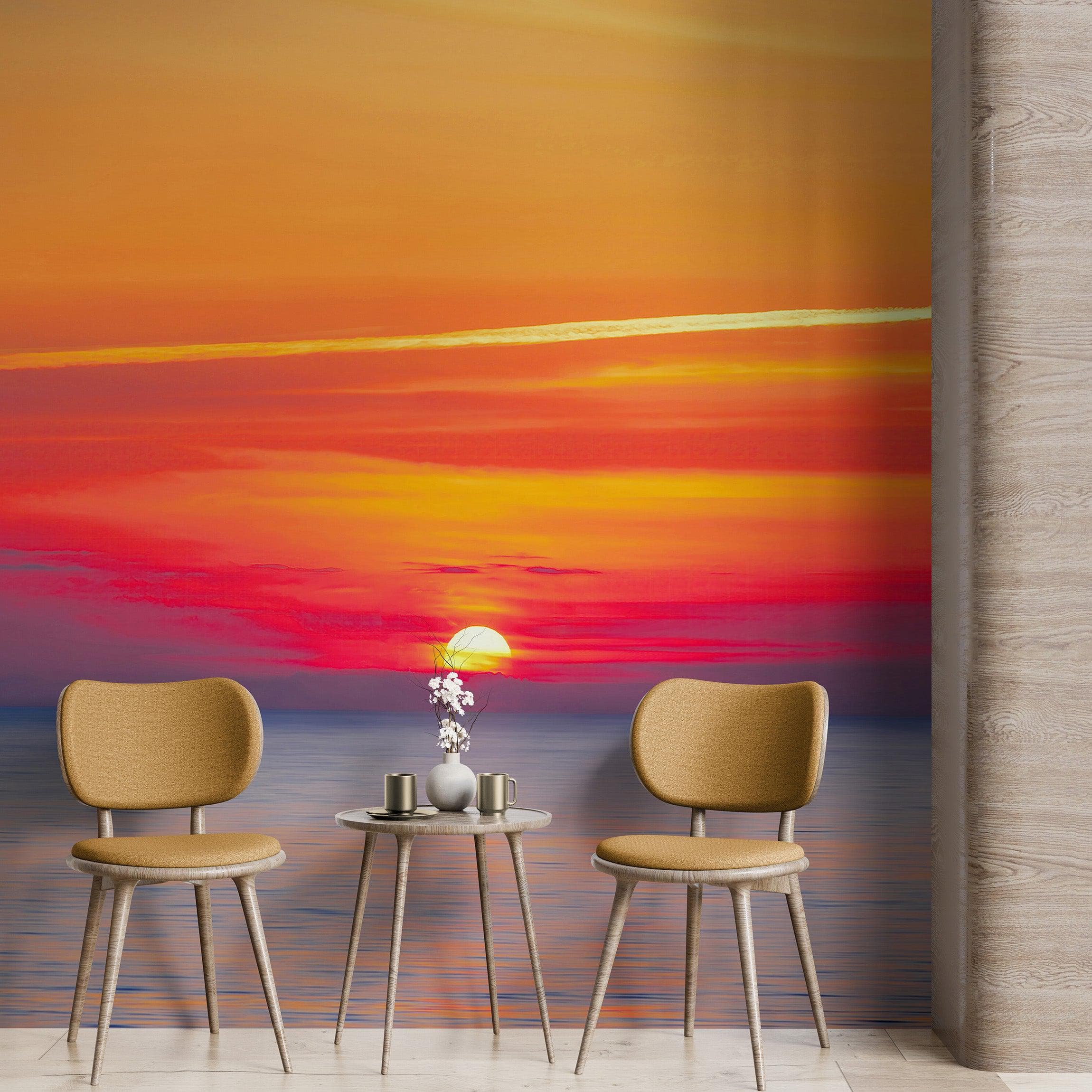 Adhesivo para pared con puesta de sol sobre la playa y cielo rojo n.° 6005