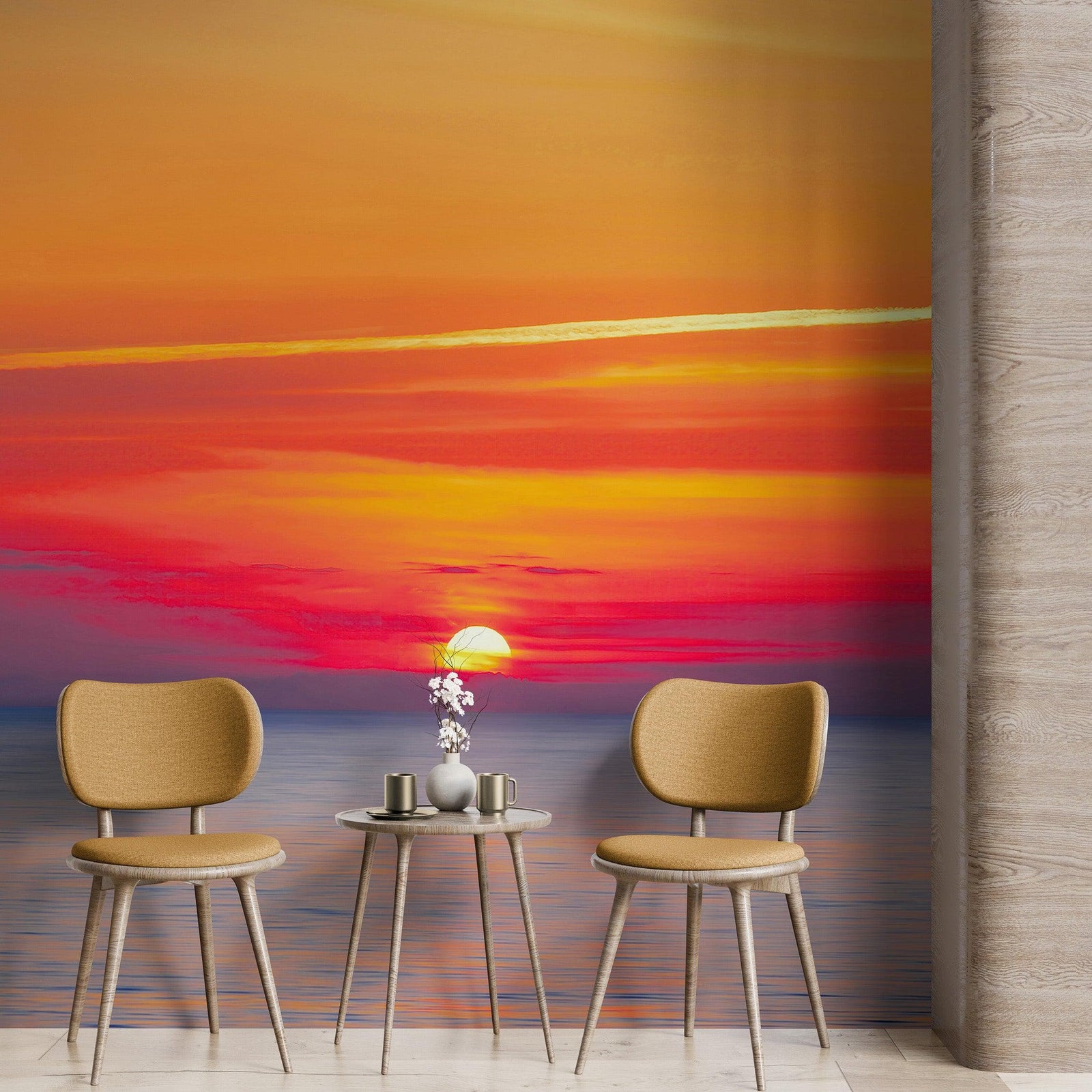 Adhesivo para pared con puesta de sol sobre la playa y cielo rojo n.° 6005