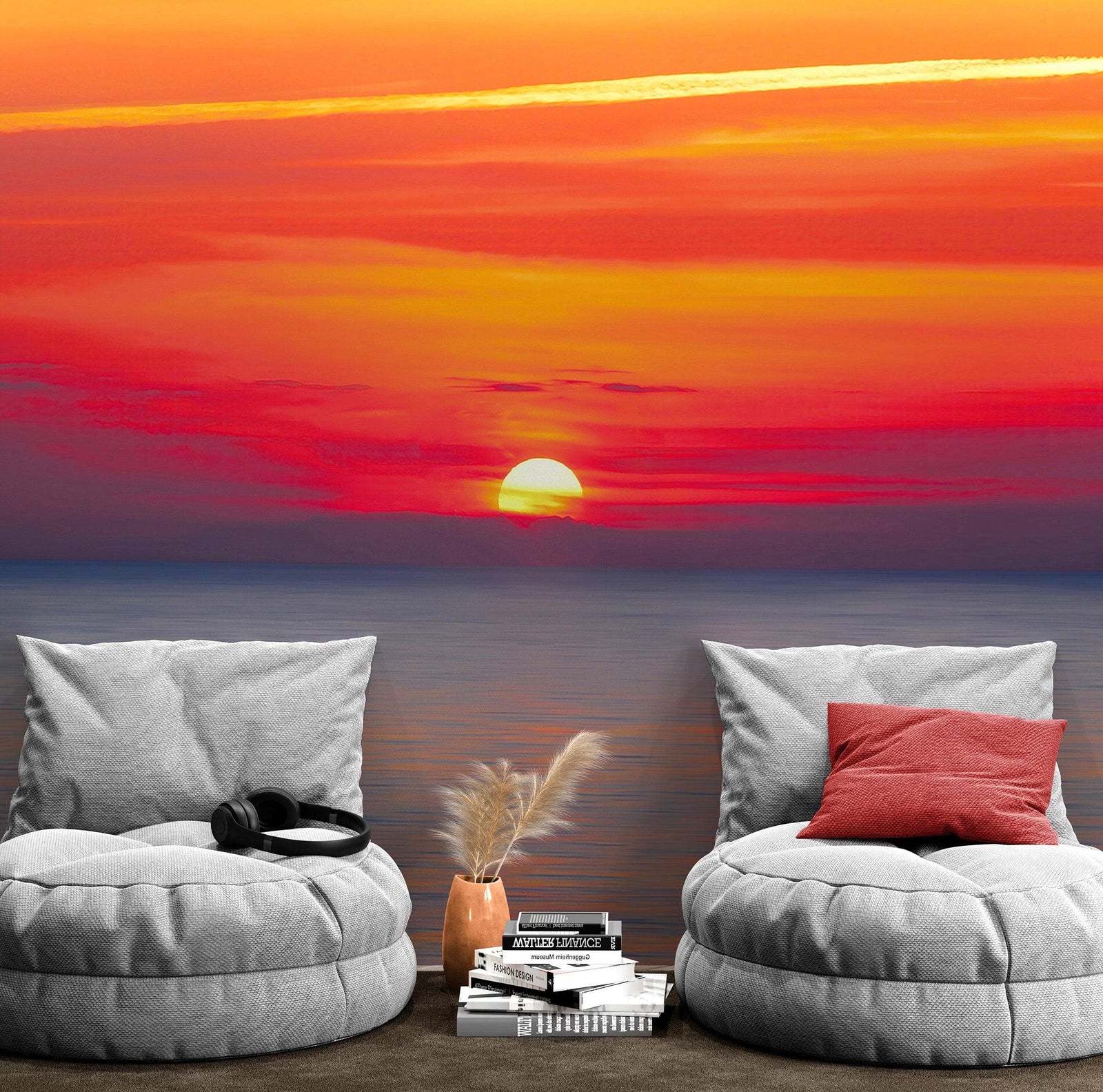Adhesivo para pared con puesta de sol sobre la playa y cielo rojo n.° 6005