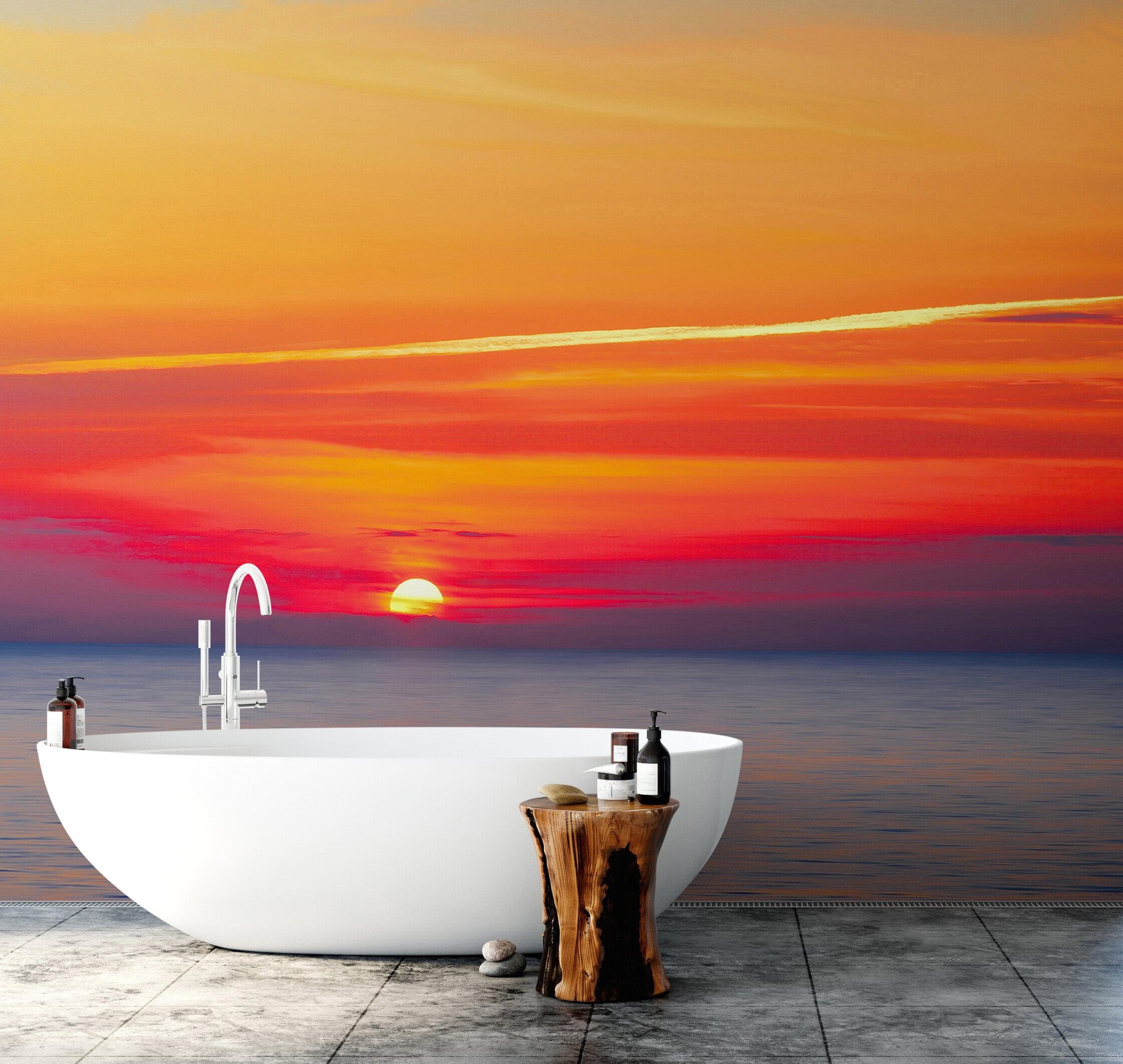 Adhesivo para pared con puesta de sol sobre la playa y cielo rojo n.° 6005