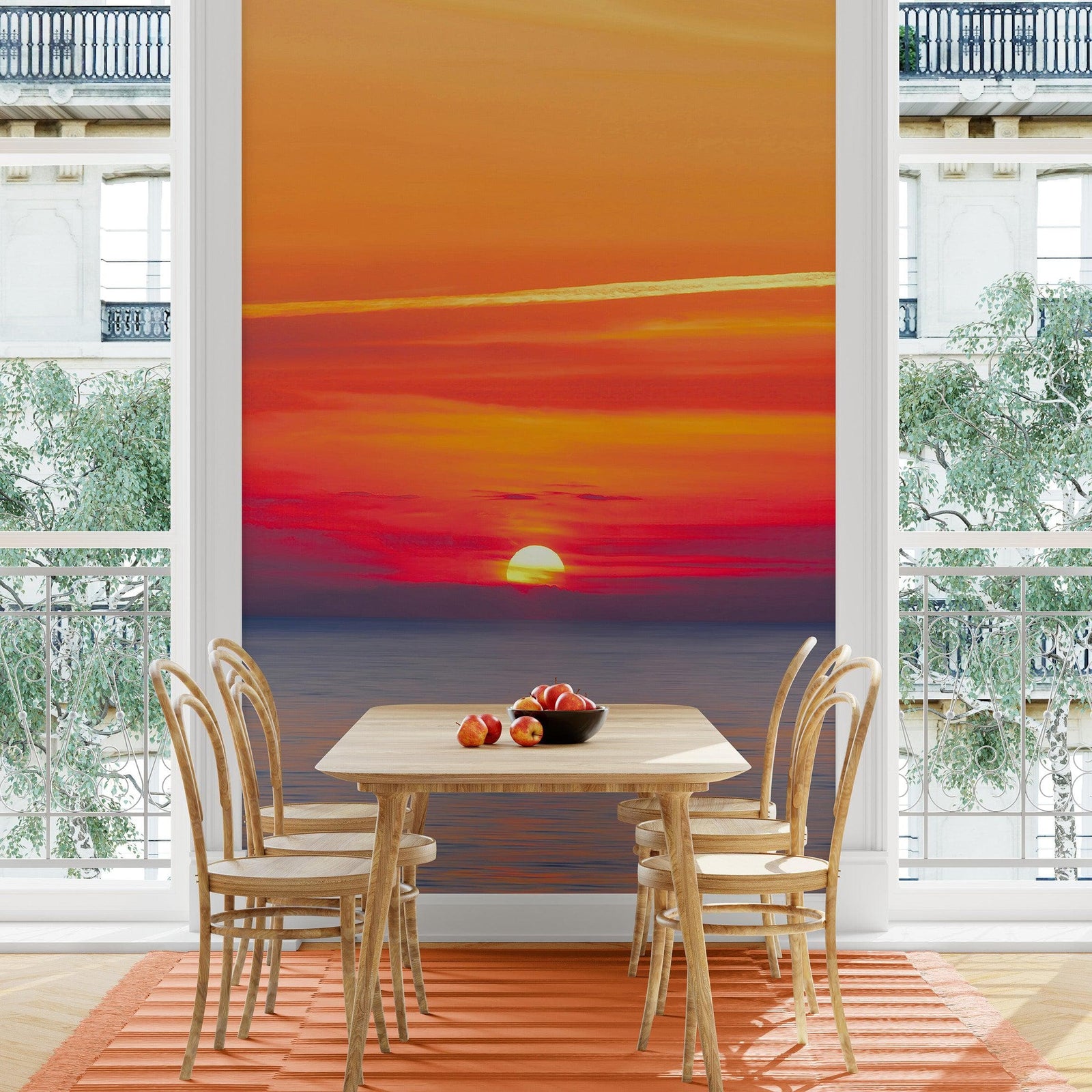 Adhesivo para pared con puesta de sol sobre la playa y cielo rojo n.° 6005