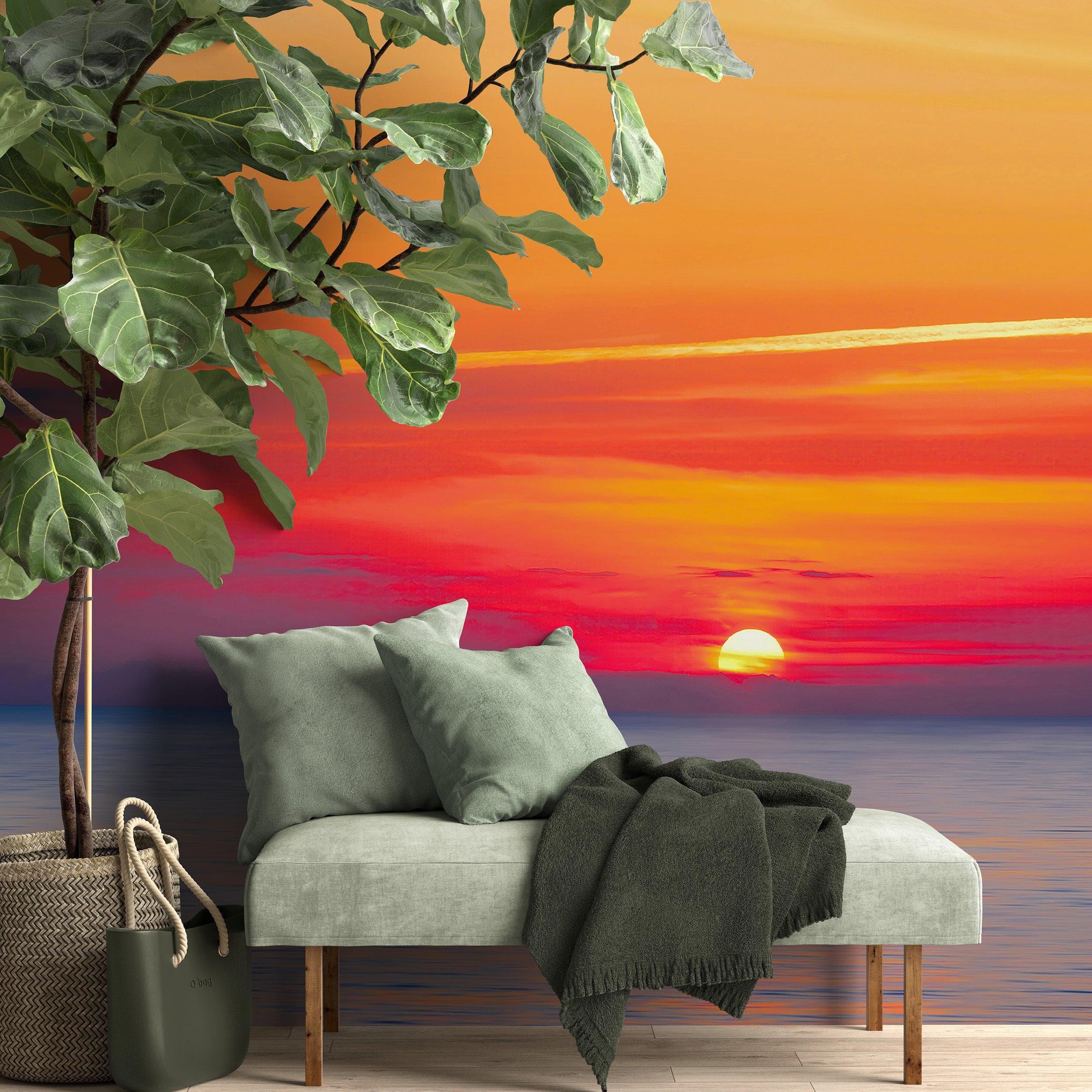 Adhesivo para pared con puesta de sol sobre la playa y cielo rojo n.° 6005