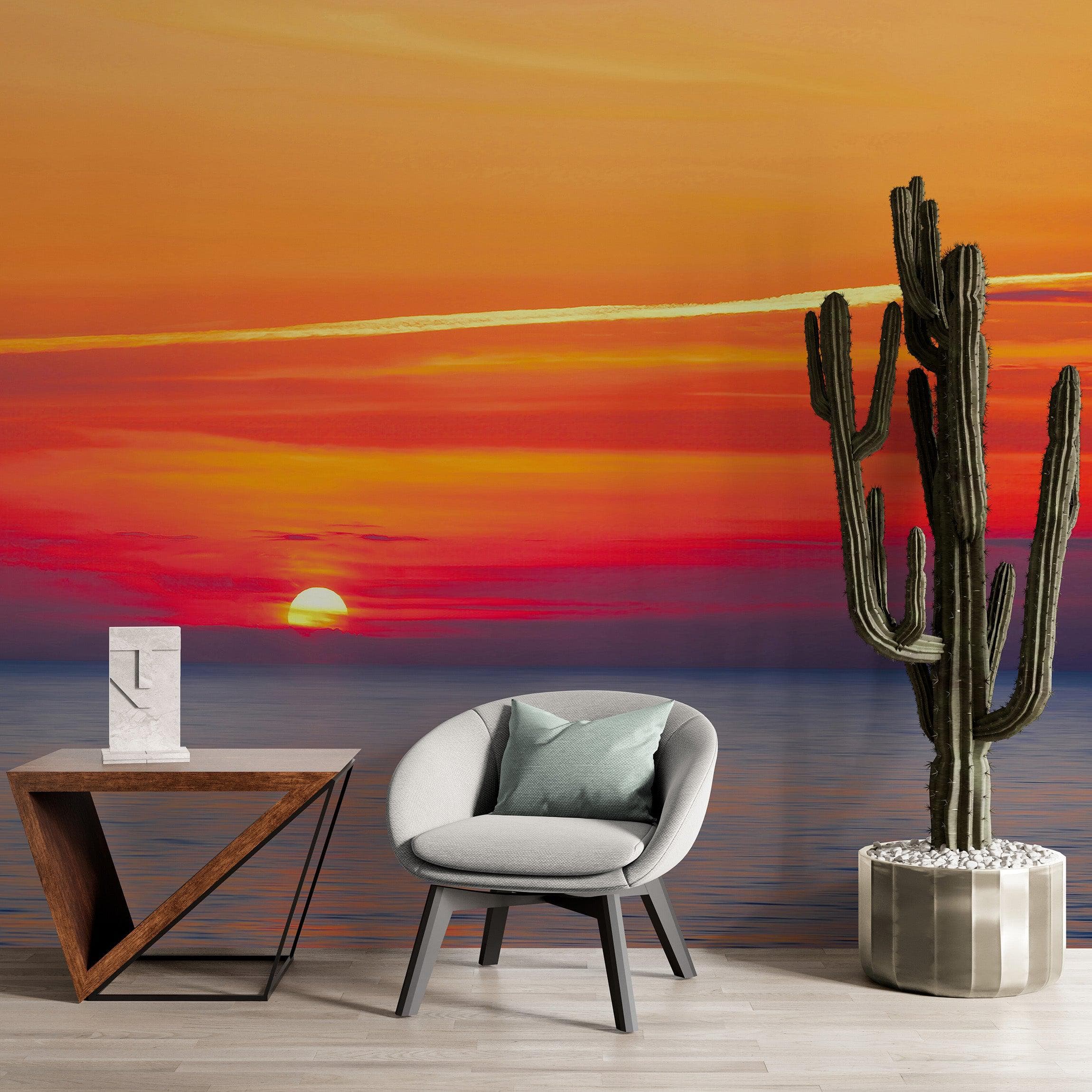 Adhesivo para pared con puesta de sol sobre la playa y cielo rojo n.° 6005
