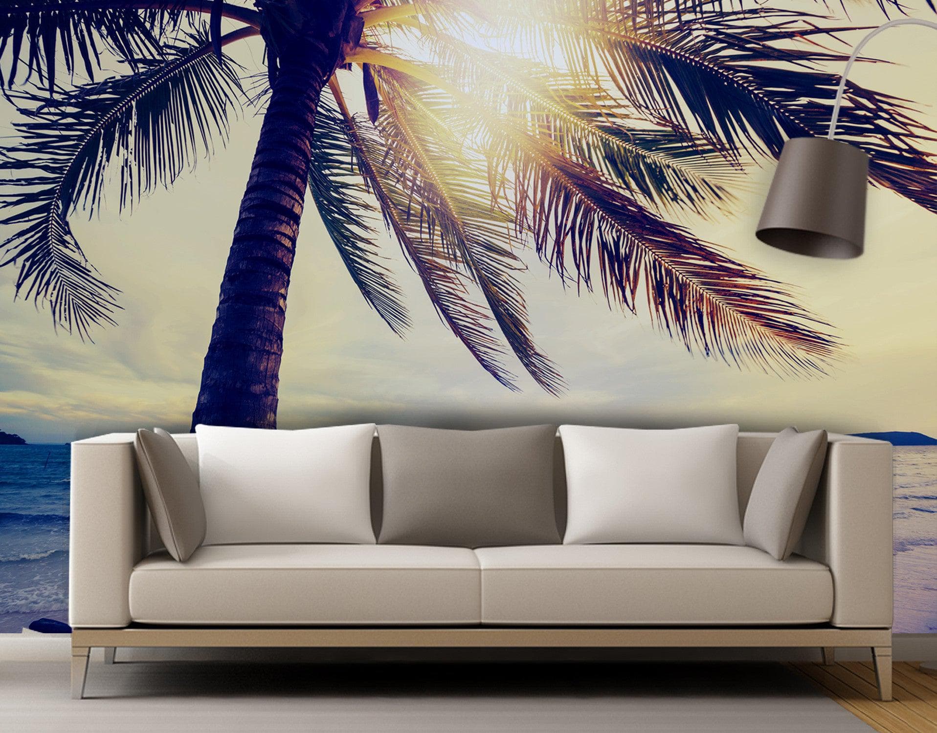 Mural de pared con puesta de sol en la costa y palmeras en la playa n.° 6040
