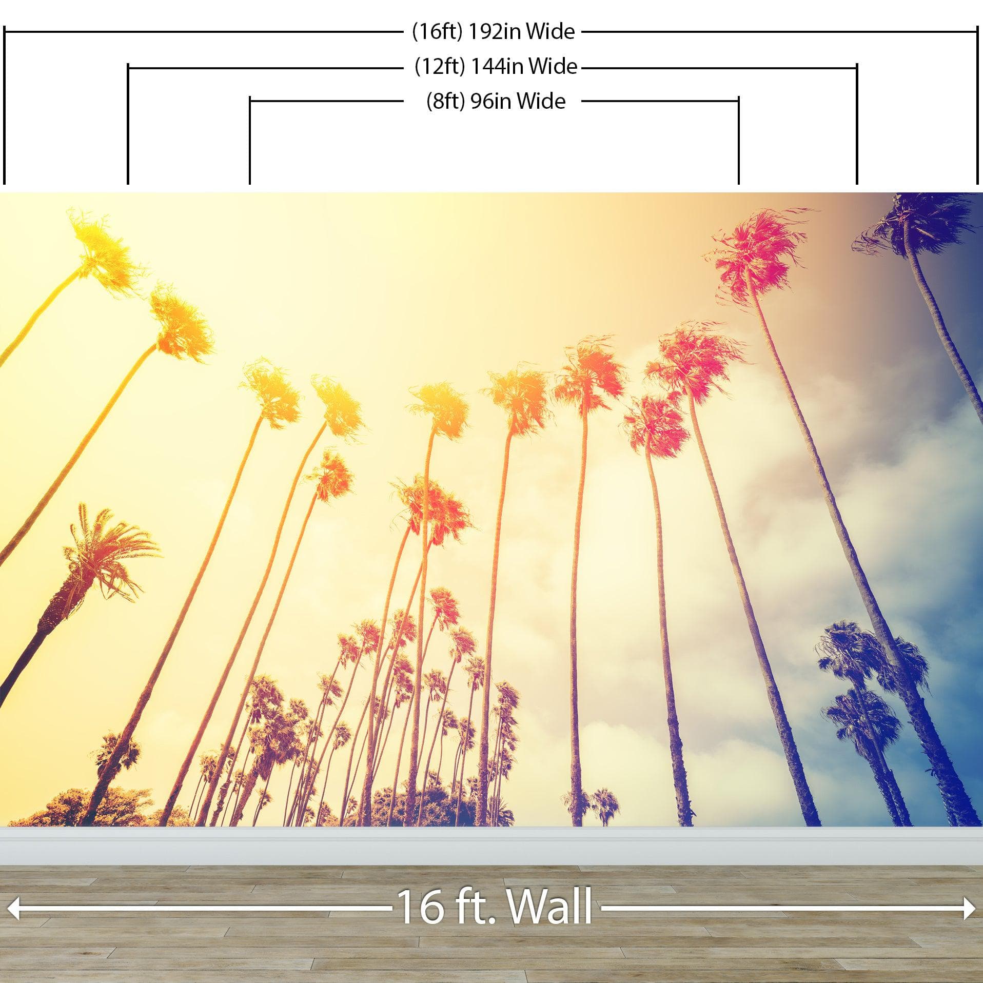 Mural de pared con palmeras al atardecer en California de estilo retro n.° 6050