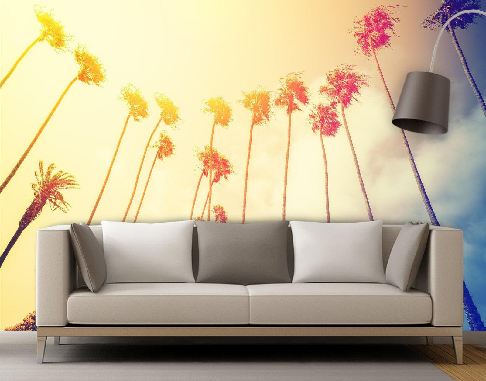 Mural de pared con palmeras al atardecer en California de estilo retro n.° 6050