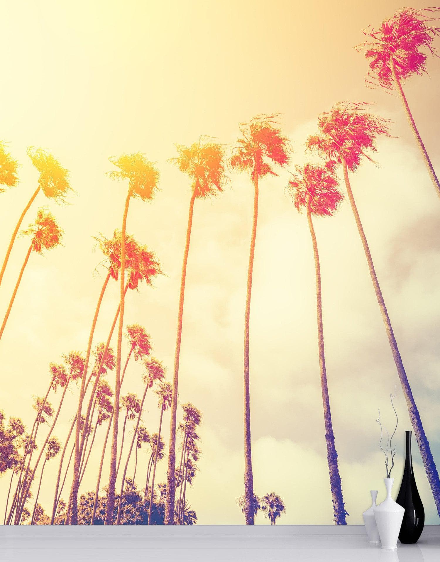 Mural de pared con palmeras al atardecer en California de estilo retro n.° 6050