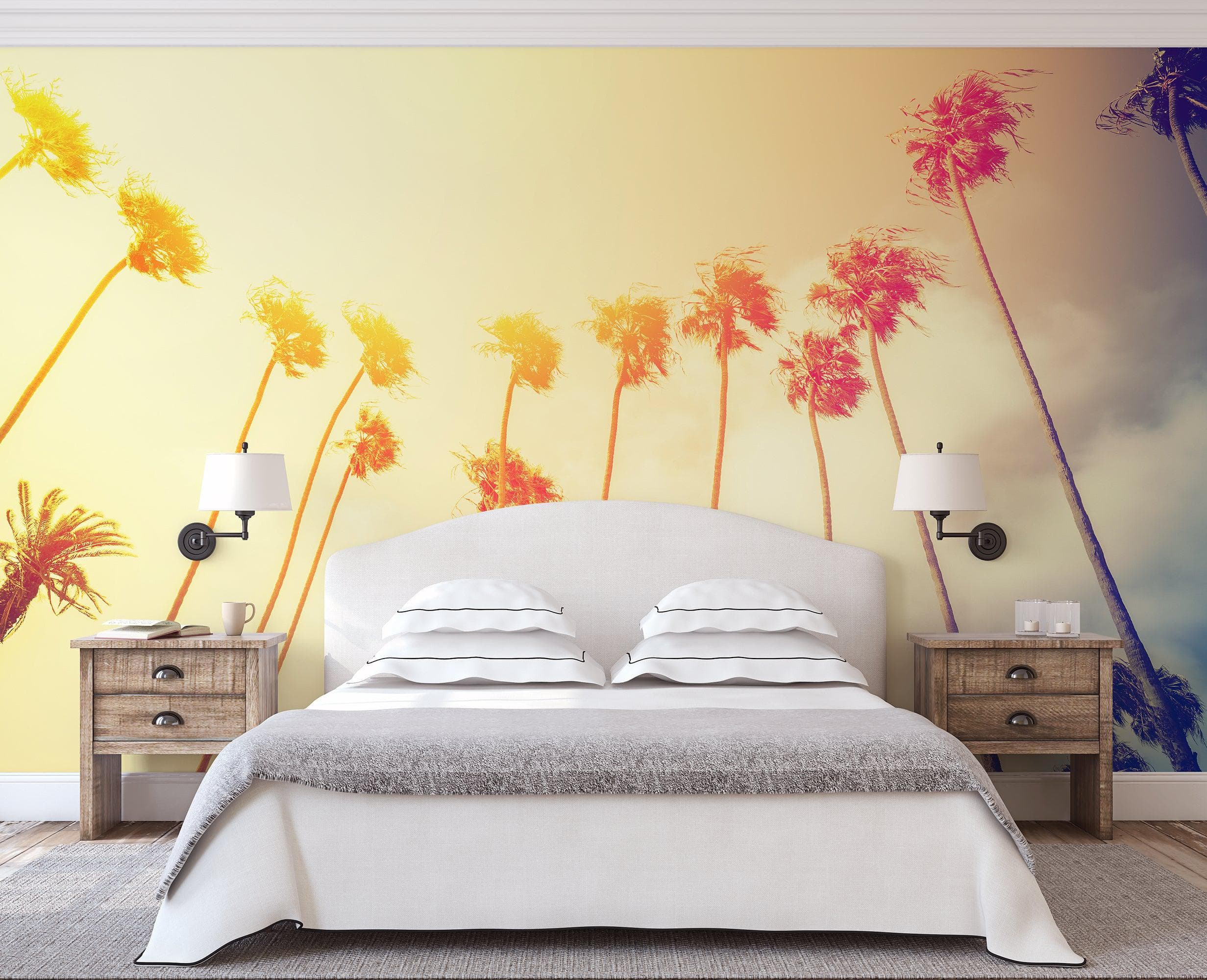 Mural de pared con palmeras al atardecer en California de estilo retro n.° 6050
