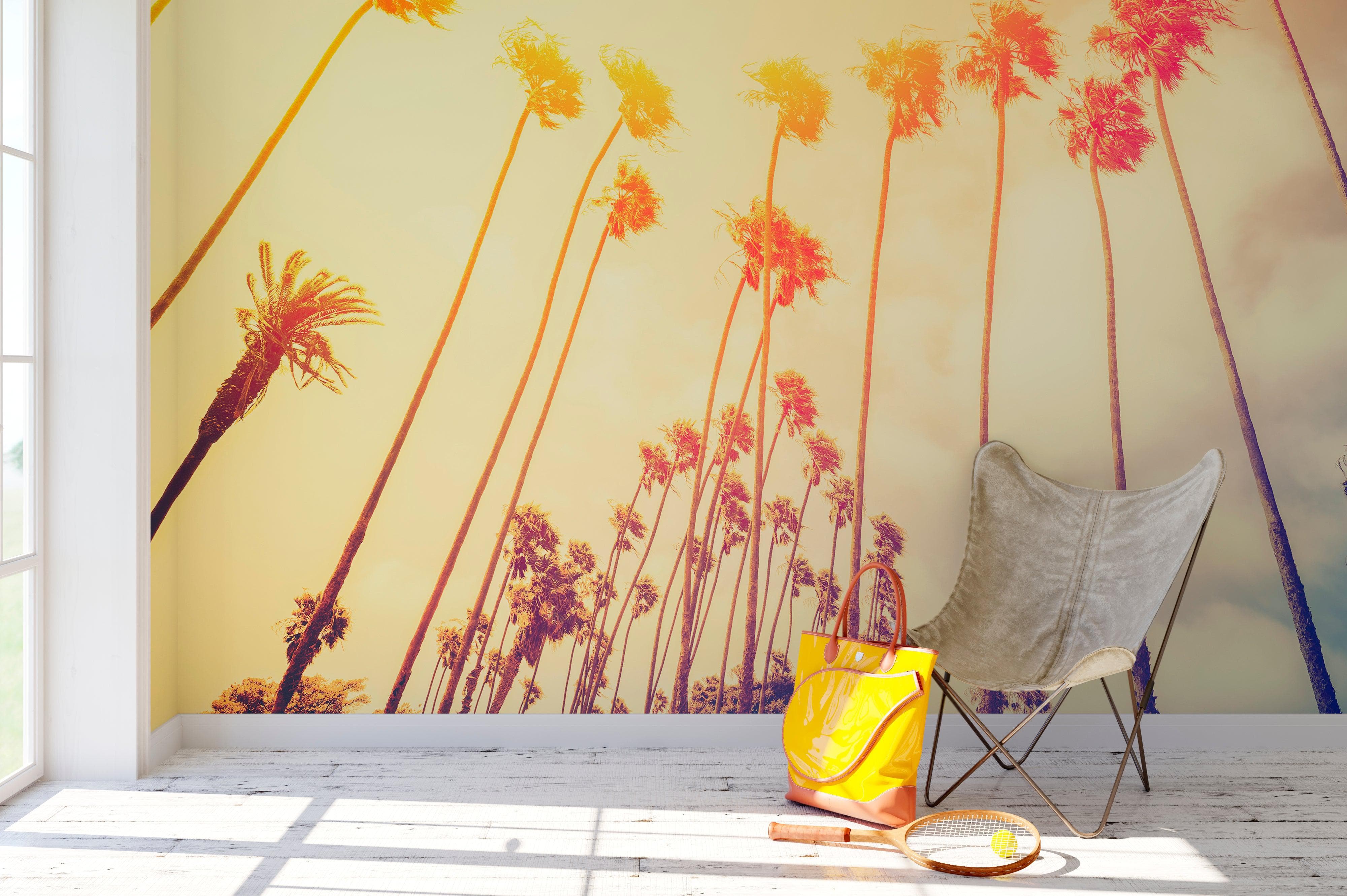 Mural de pared con palmeras al atardecer en California de estilo retro n.° 6050