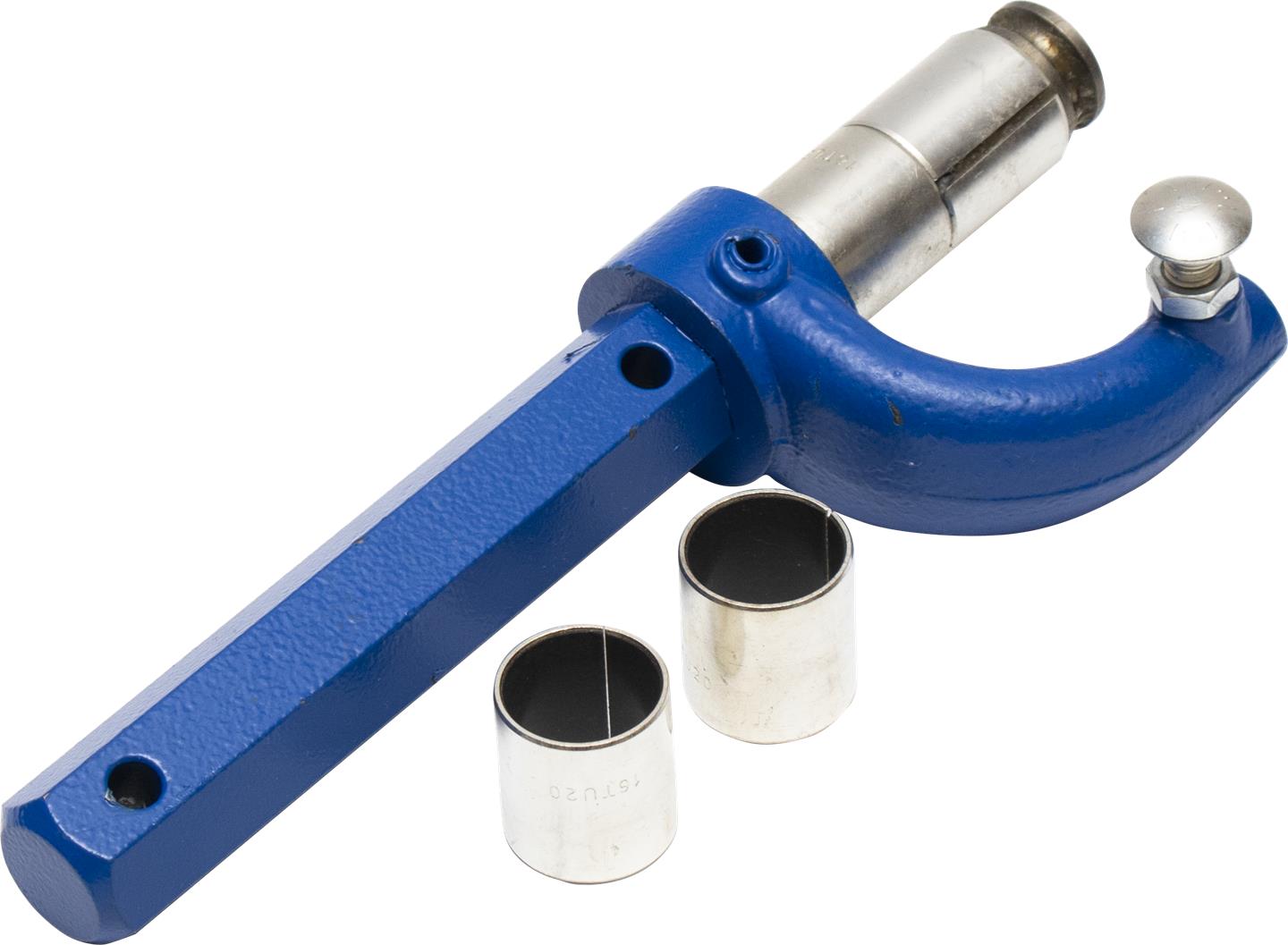 Blue tool with silver components on a white background