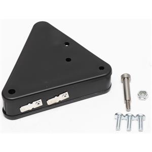 Black triangular metal component with screws on a white background