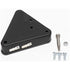 Black triangular metal component with screws on a white background