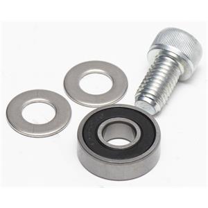 Metal bearing, washer, and screw on a white background