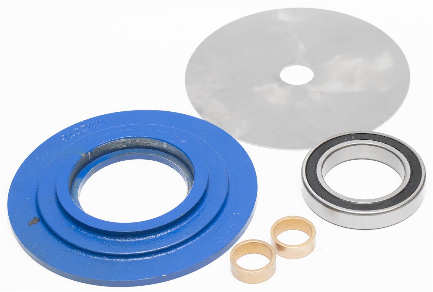 Mechanical parts including a blue ring, white washer, and metal bearing on a white background