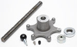 Mechanical components including a threaded rod, gear, and bearings on a white background