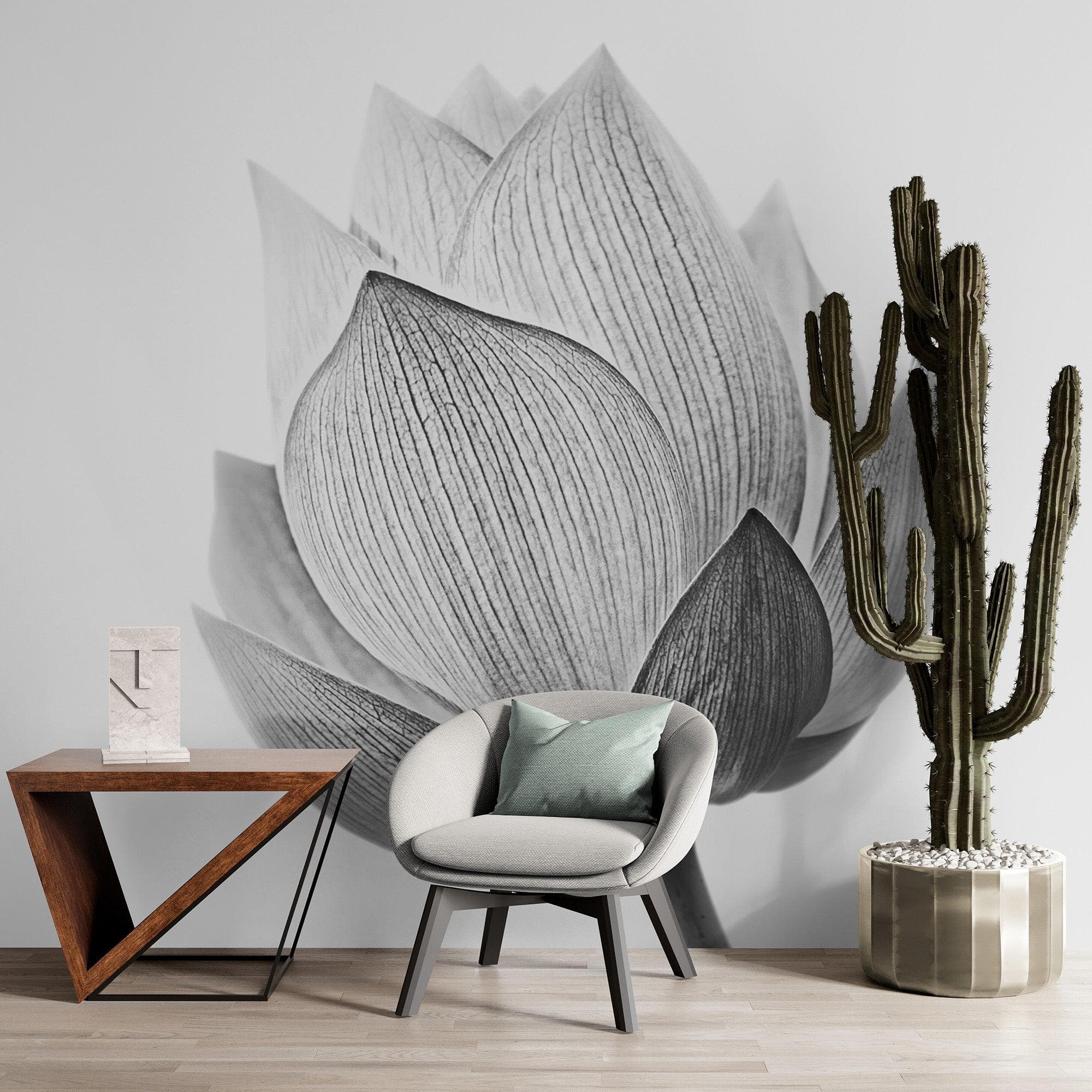 Mural de pared con flor de loto en blanco y negro n.° 6116