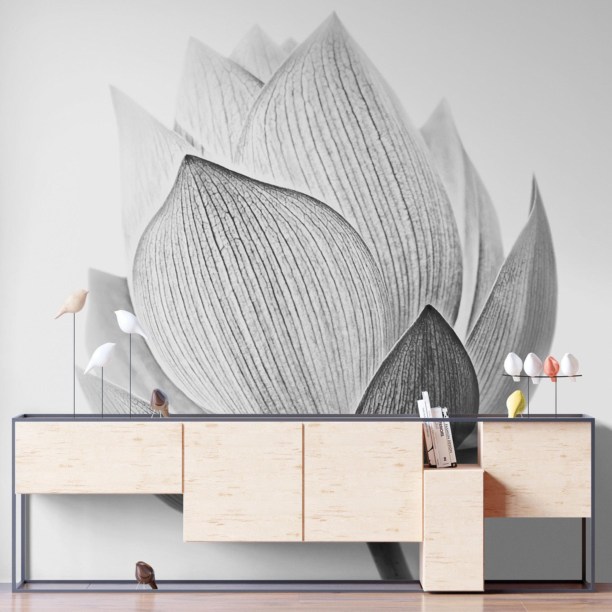 Mural de pared con flor de loto en blanco y negro n.° 6116