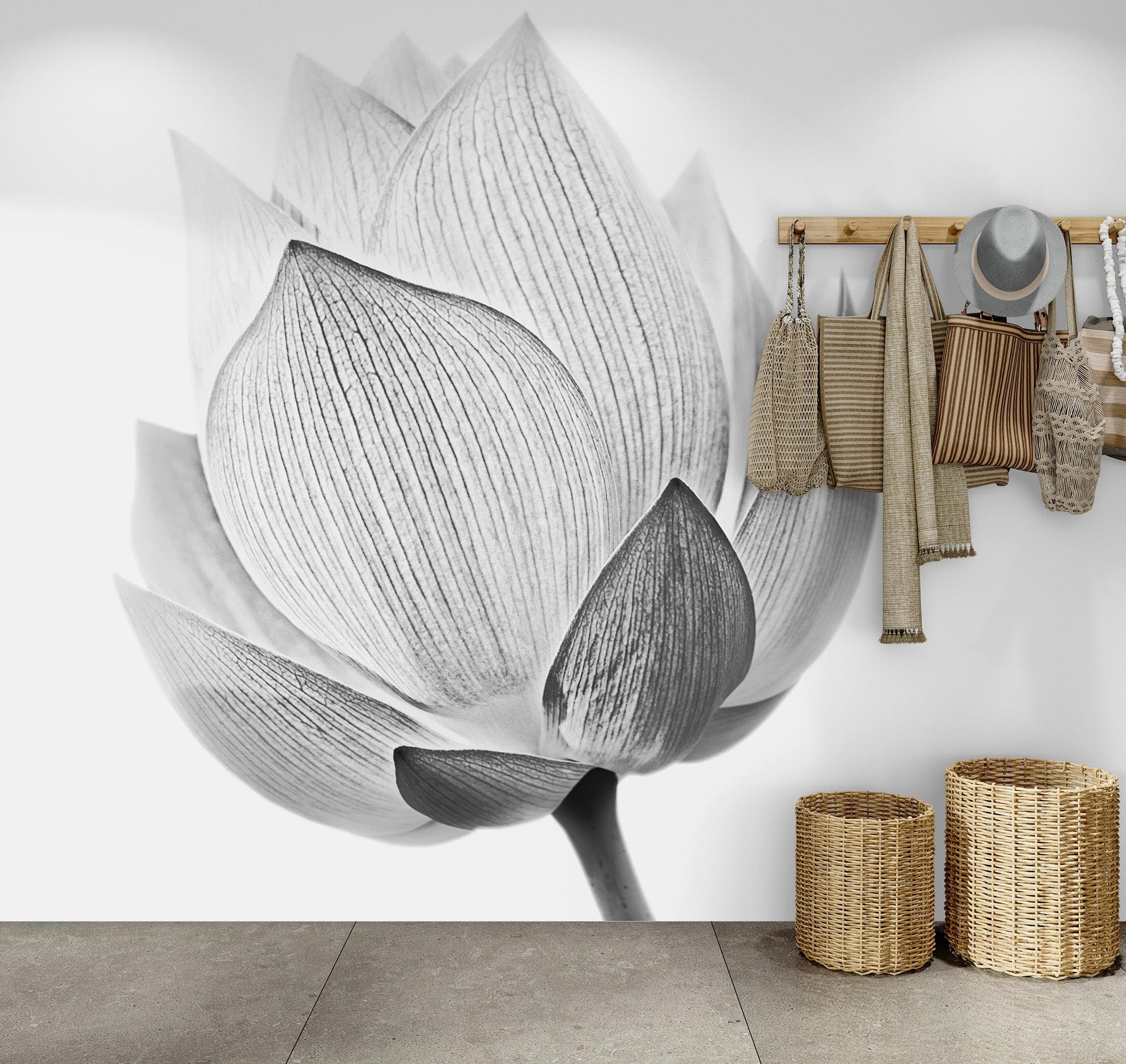 Mural de pared con flor de loto en blanco y negro n.° 6116