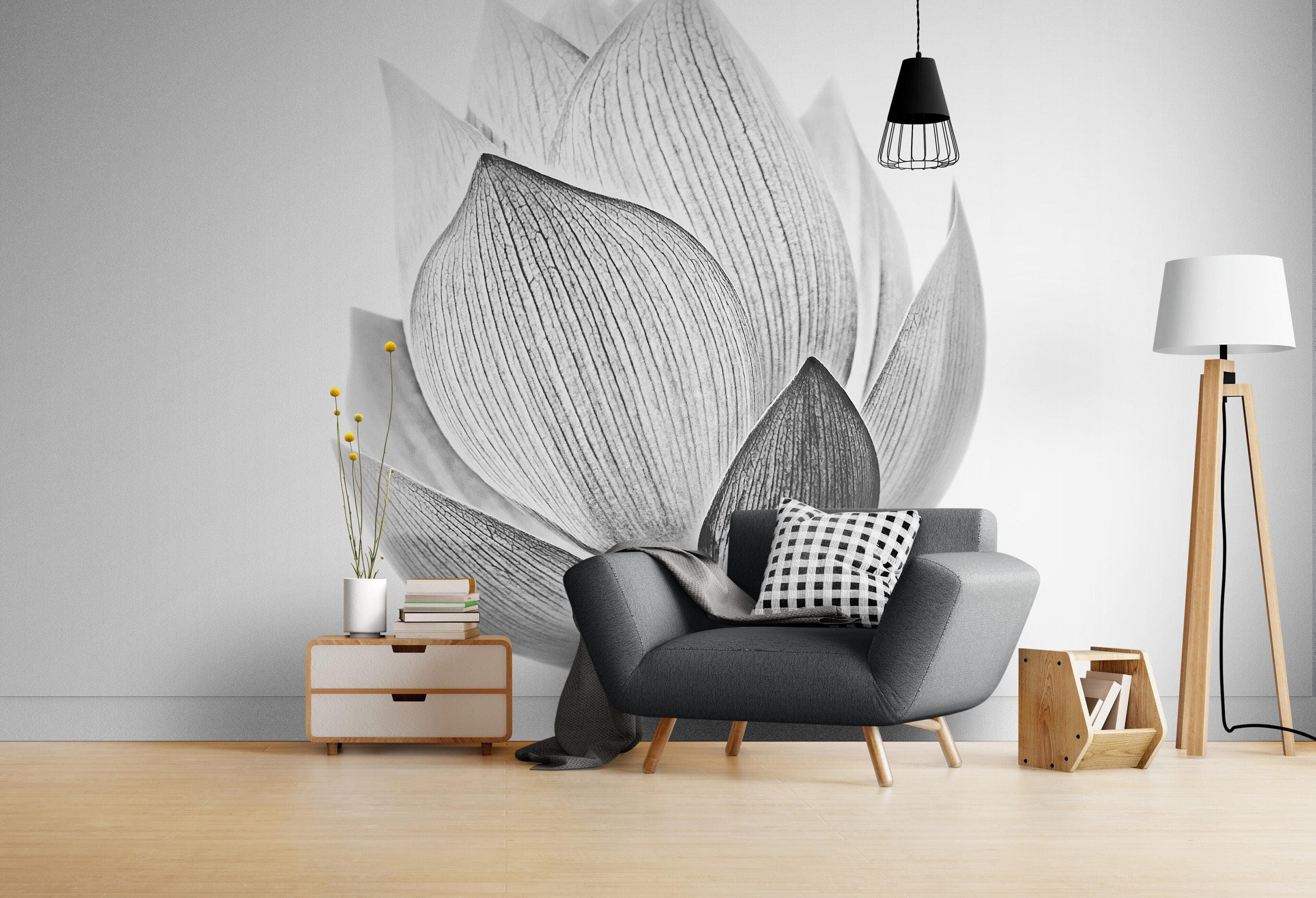 Mural de pared con flor de loto en blanco y negro n.° 6116