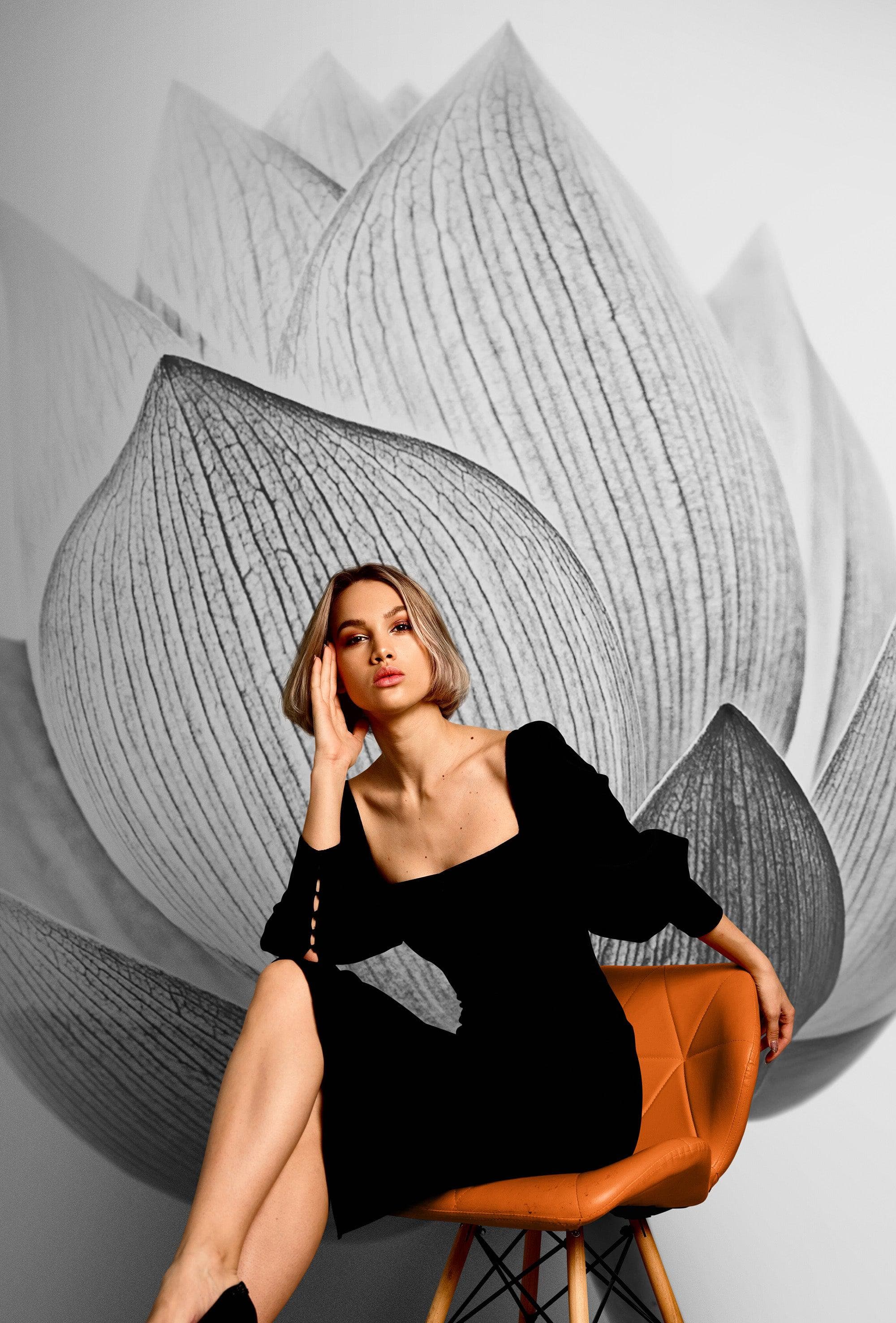 Mural de pared con flor de loto en blanco y negro n.° 6116