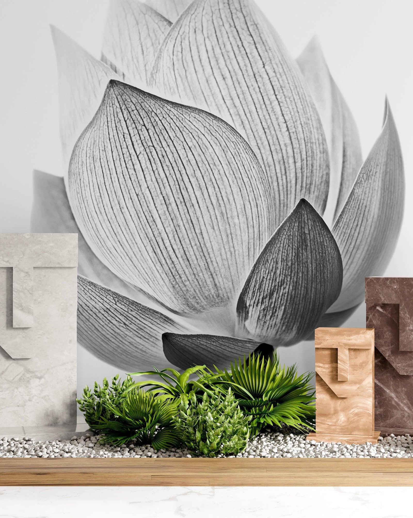 Mural de pared con flor de loto en blanco y negro n.° 6116