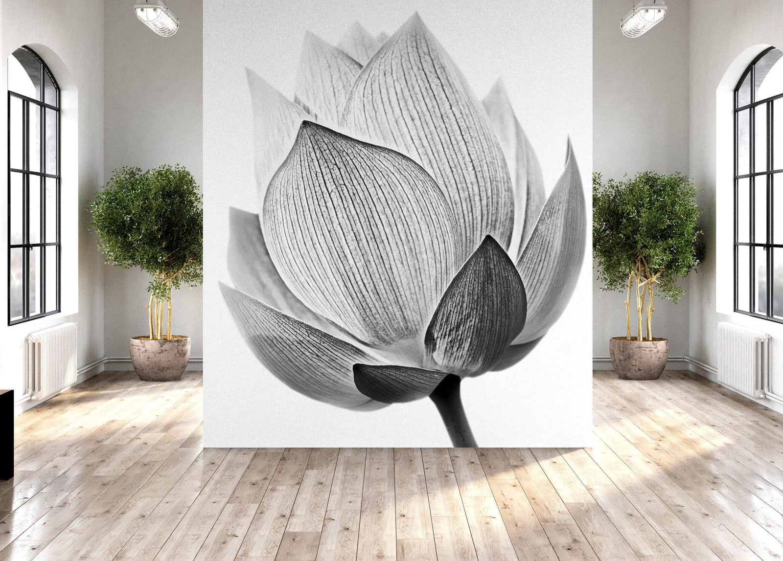Mural de pared con flor de loto en blanco y negro n.° 6116