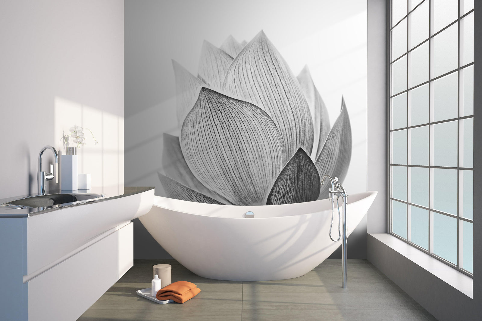Mural de pared con flor de loto en blanco y negro n.° 6116
