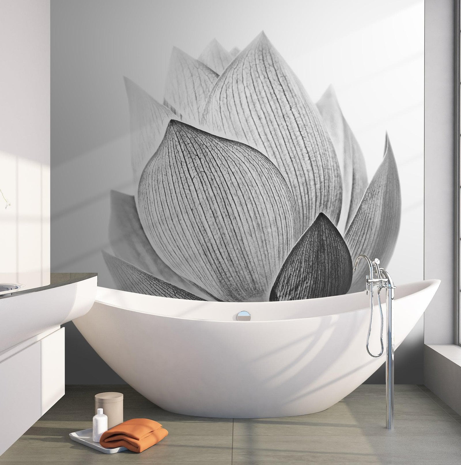 Mural de pared con flor de loto en blanco y negro n.° 6116