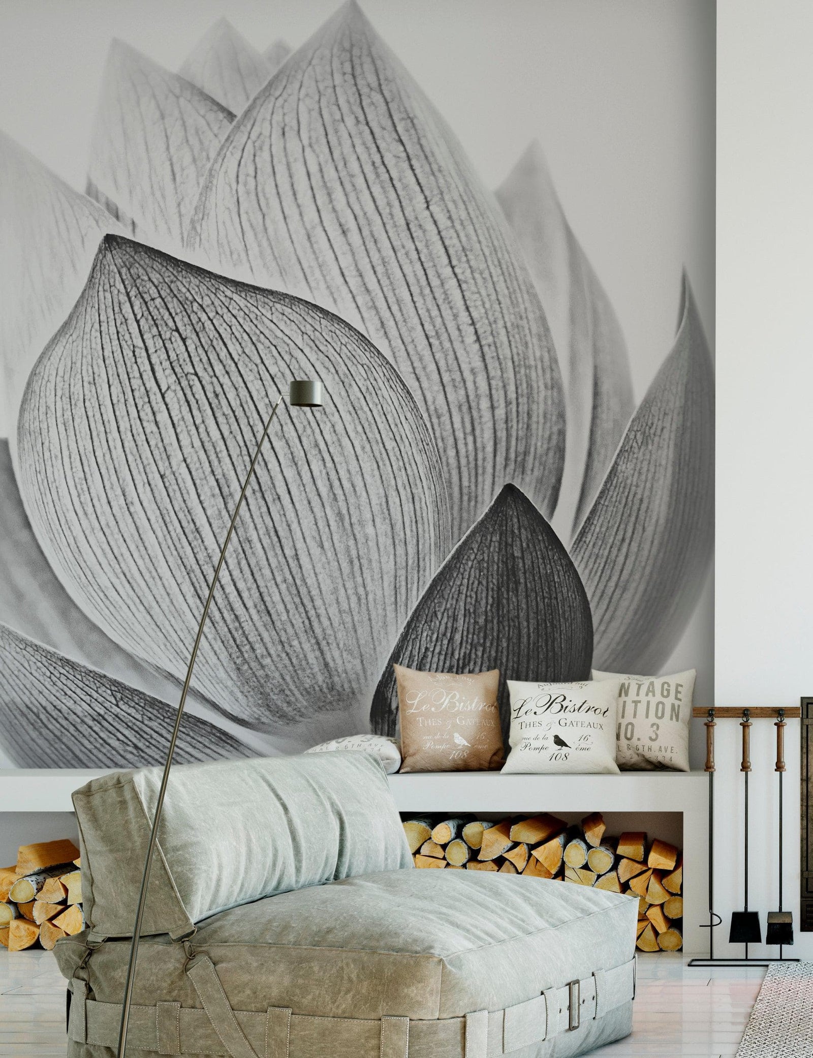 Mural de pared con flor de loto en blanco y negro n.° 6116