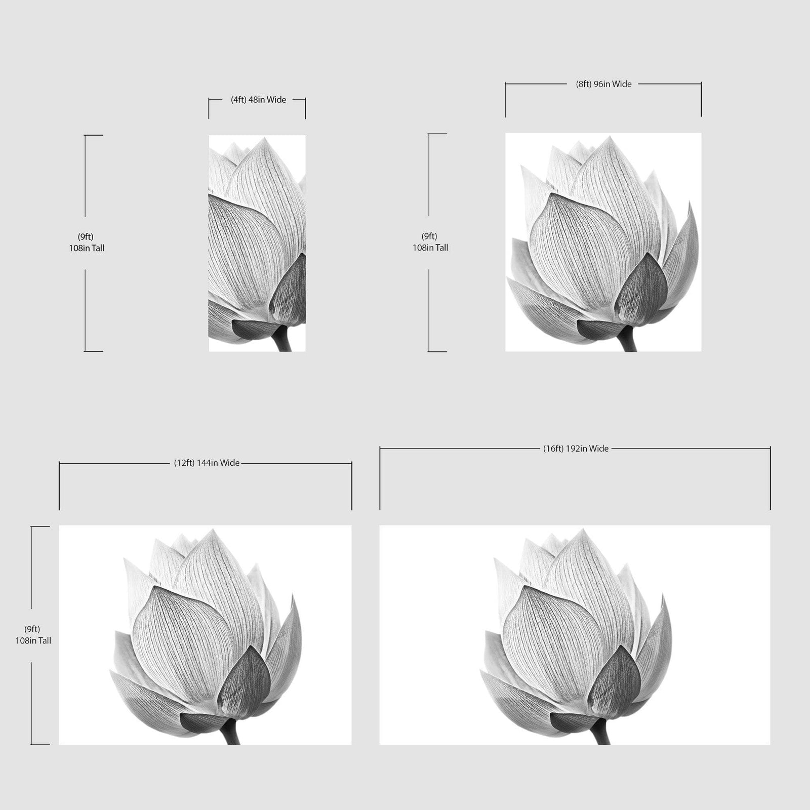 Mural de pared con flor de loto en blanco y negro n.° 6116