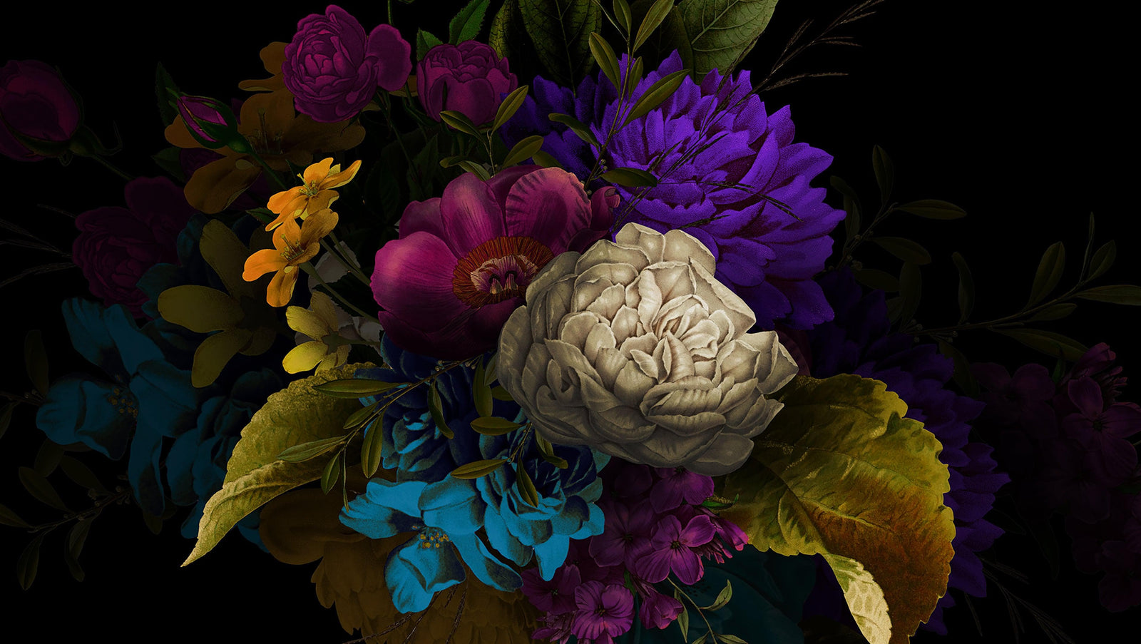 Melancholy Flower Wall Mural. Black background. #6130