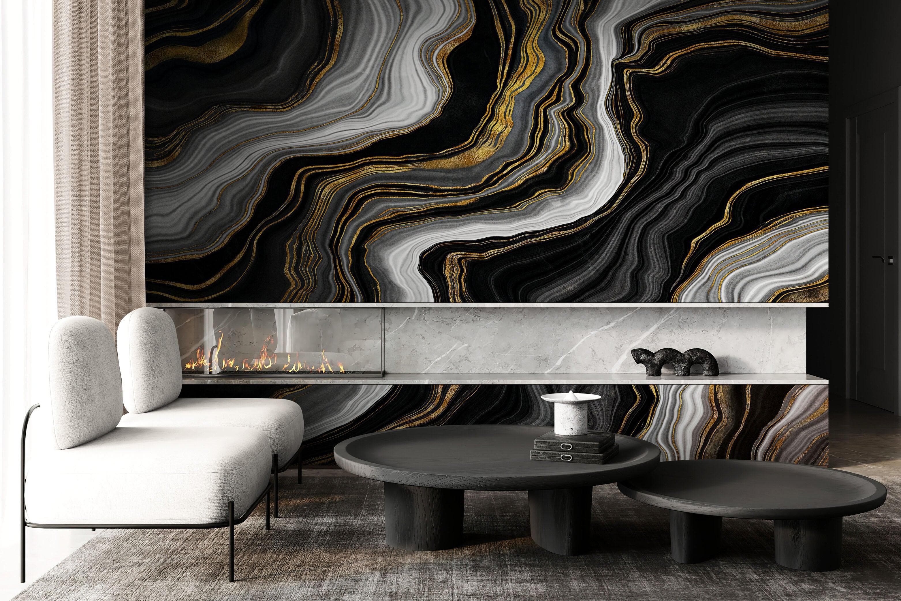 Black and Gold Abstract Marble Stone Pattern Peel and Stick Wallpaper. #6146