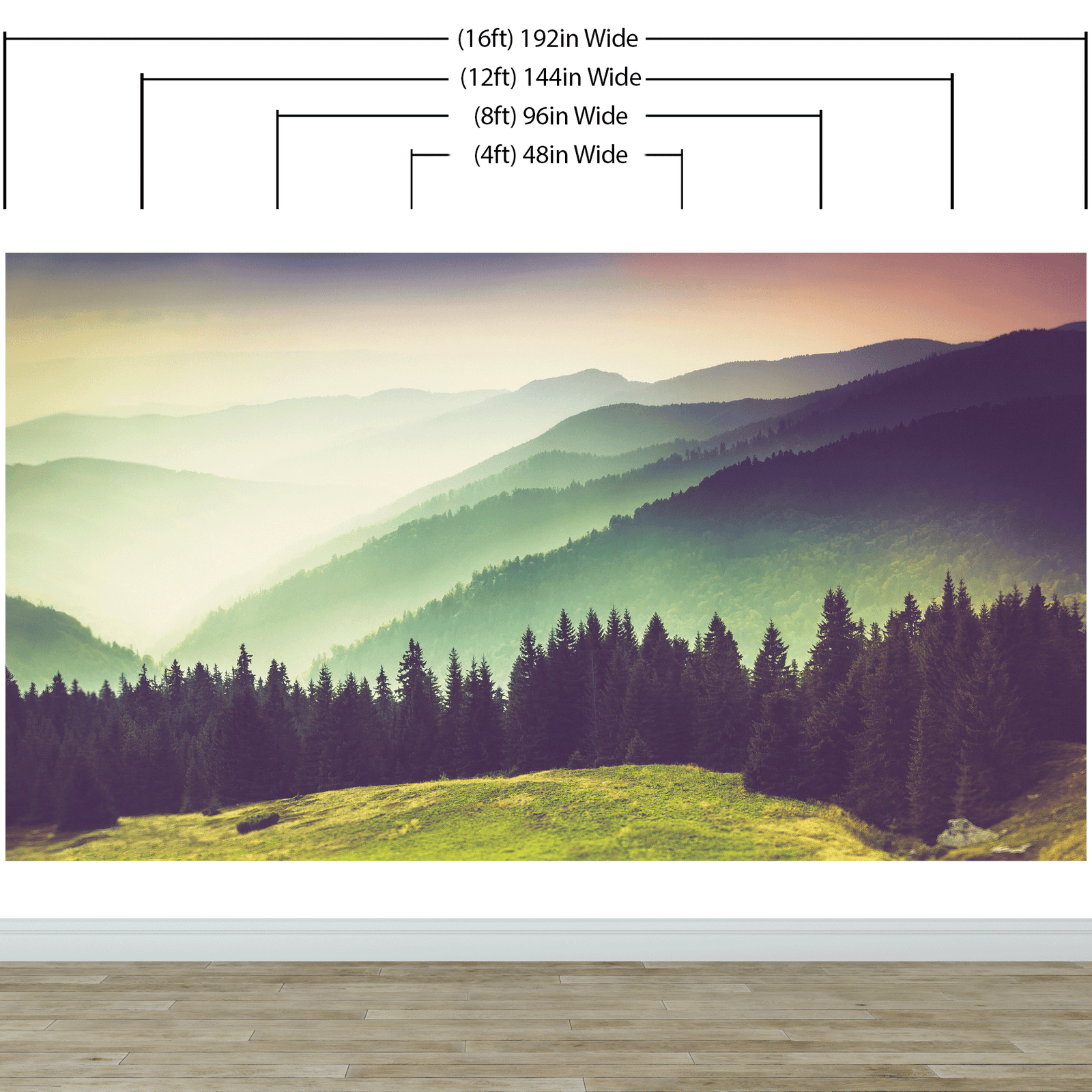 Mural de pared con vista al bosque de montaña con niebla colorida | Papel tapiz autoadhesivo. #6159