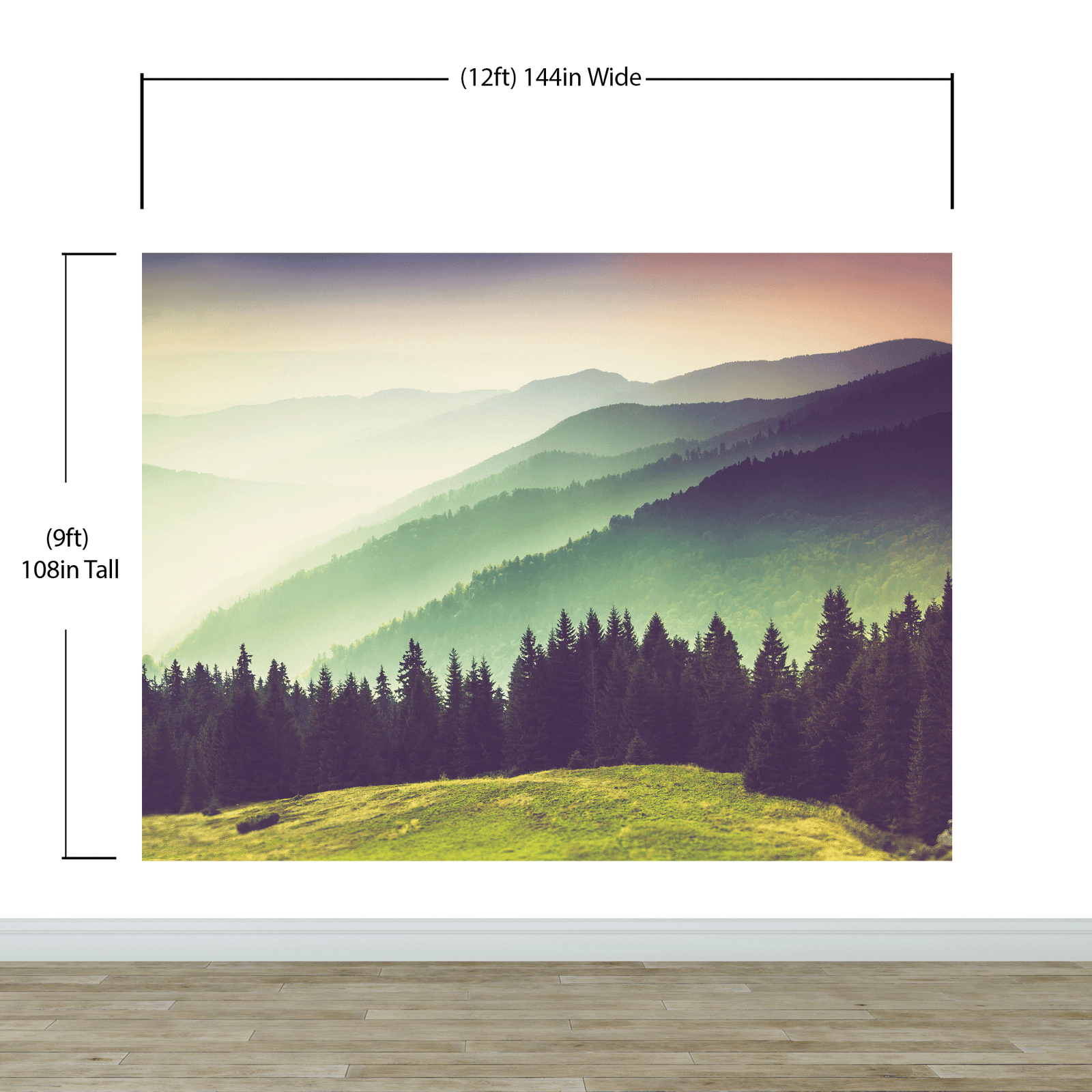 Mural de pared con vista al bosque de montaña con niebla colorida | Papel tapiz autoadhesivo. #6159